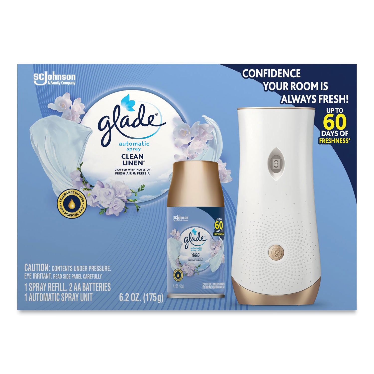 Glade® Automatic Spray Starter Kit, Spray Unit and Refill, White/Gold, Clean Linen, 4/Carton