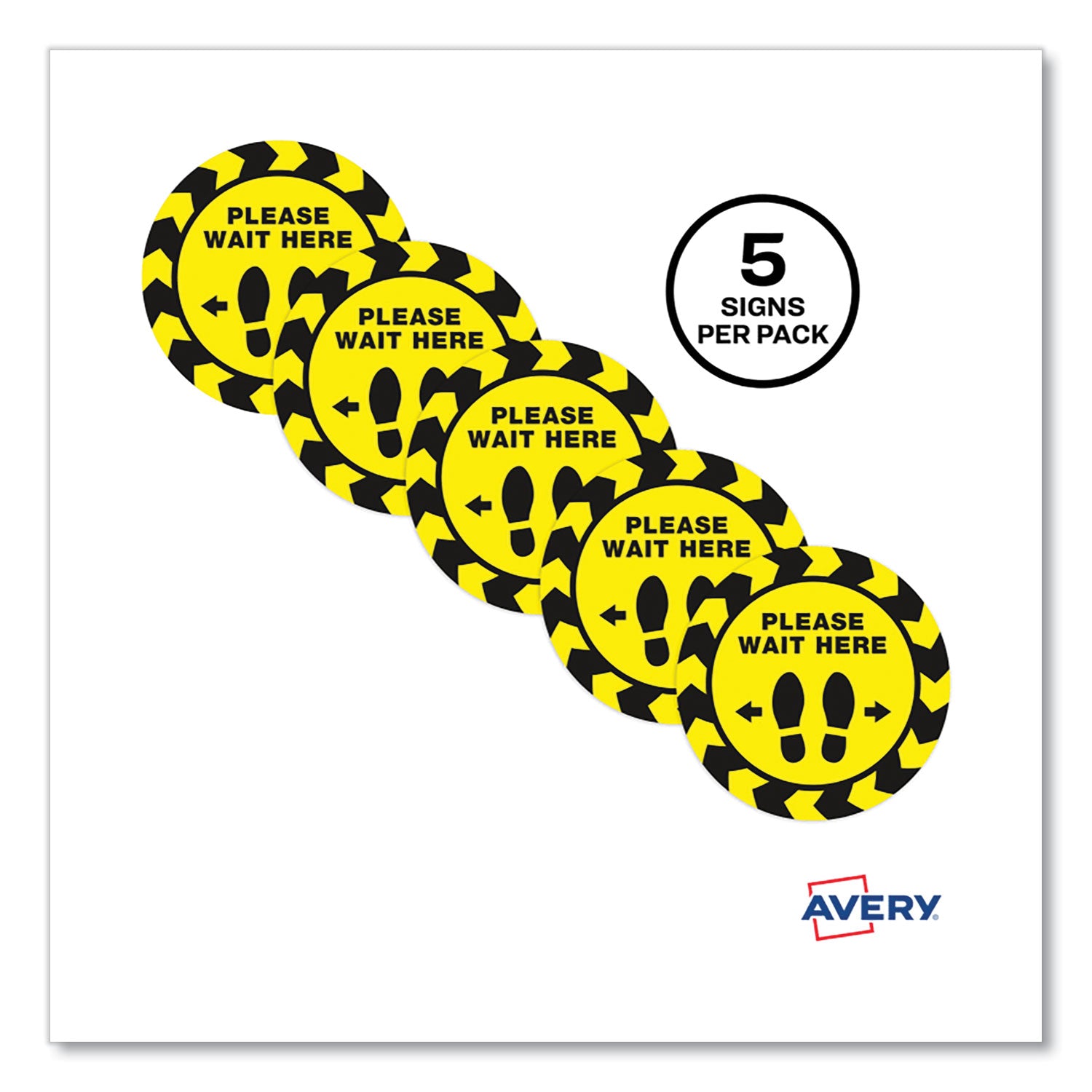 Avery® Social Distancing Floor Decals, 10.5" dia, Please Wait Here, Yellow/Black Face, Black Graphics, 5/Pack