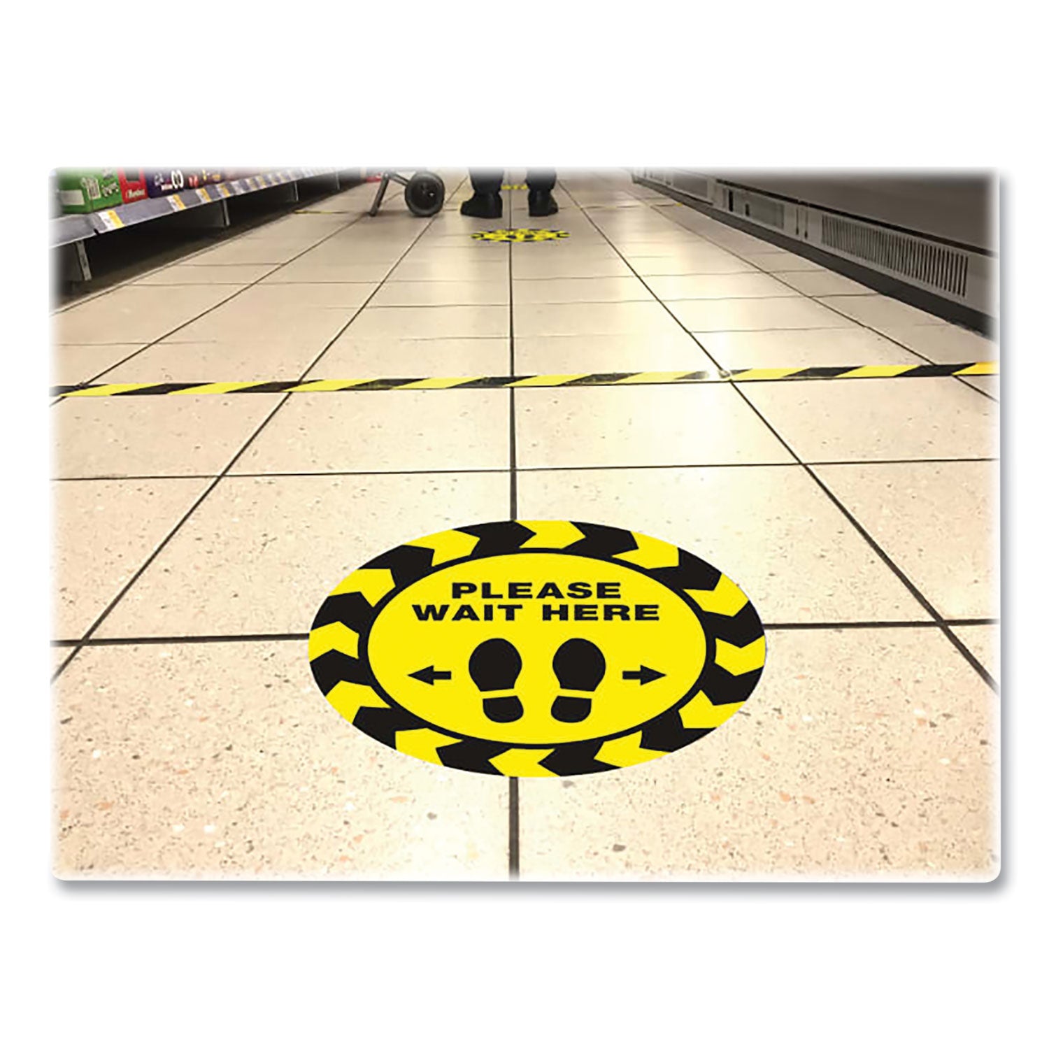 Avery® Social Distancing Floor Decals, 10.5" dia, Please Wait Here, Yellow/Black Face, Black Graphics, 5/Pack