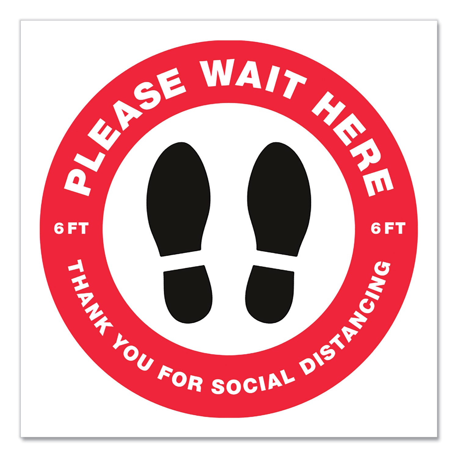 Social Distancing Floor Decals, 10.5" dia, Please Wait Here, Red/White Face, Black Graphics, 5/Pack