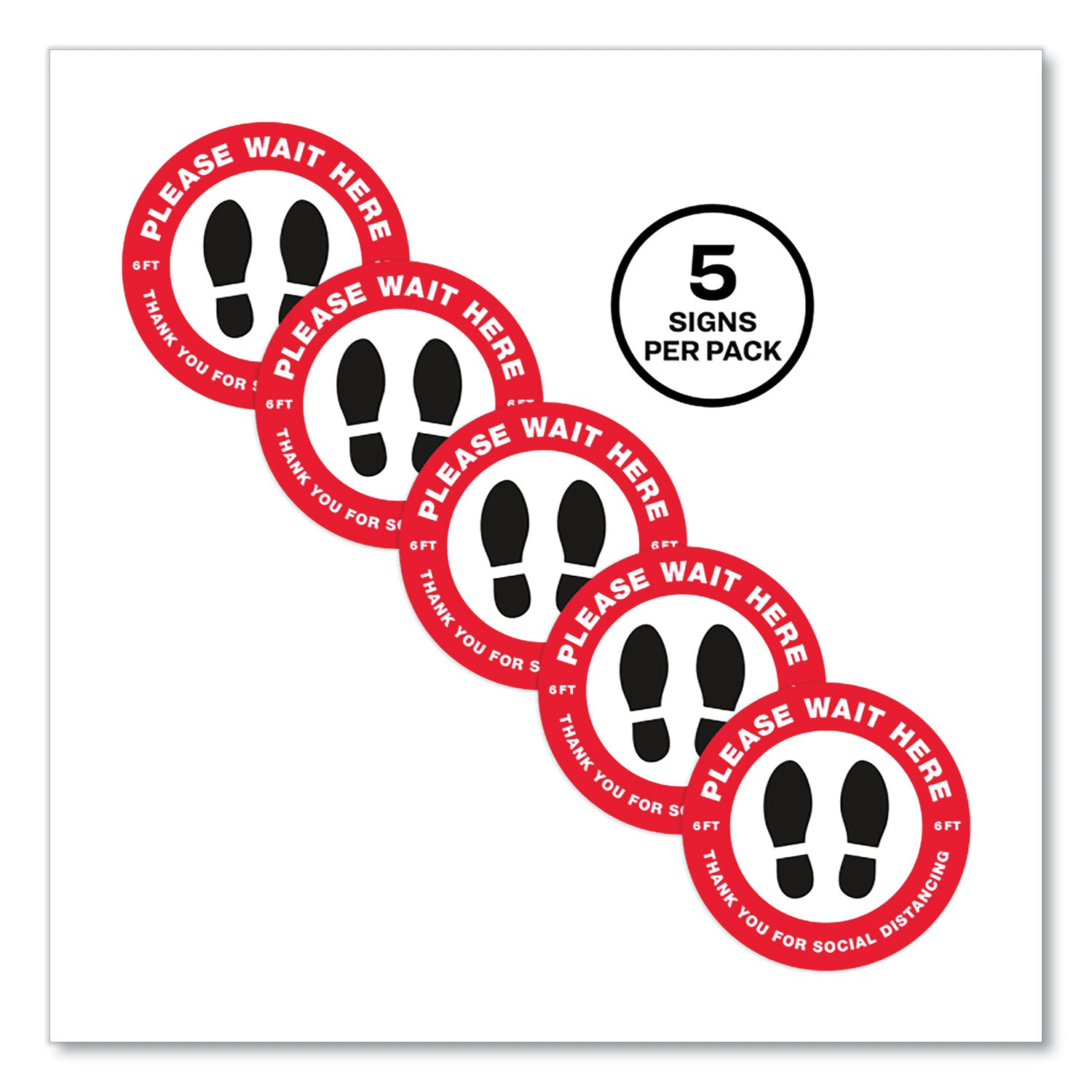 Avery® Social Distancing Floor Decals, 10.5" dia, Please Wait Here, Red/White Face, Black Graphics, 5/Pack