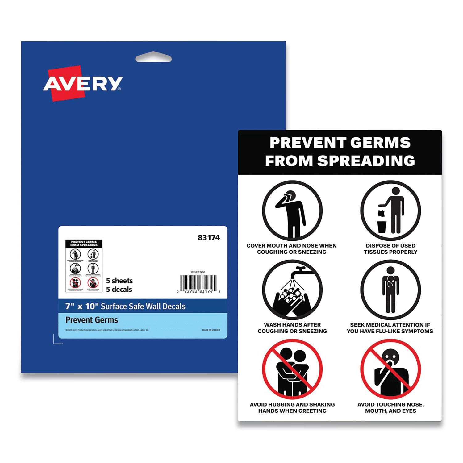 Preprinted Surface Safe Wall Decals, 7 x 10, Prevent Germs from Spreading, White/Black Face, Black Graphics, 5/Pack