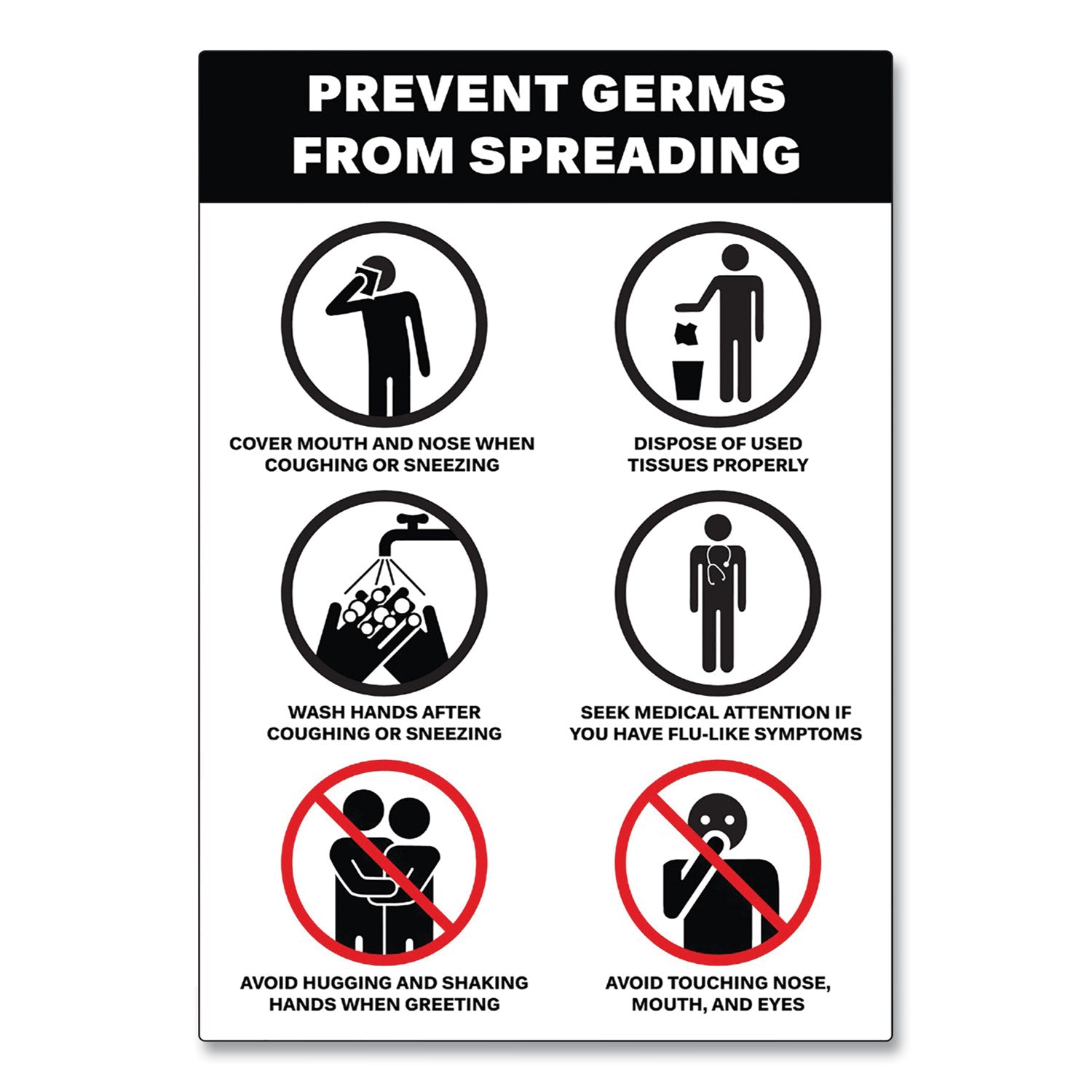 Avery® Preprinted Surface Safe Wall Decals, 7 x 10, Prevent Germs from Spreading, White/Black Face, Black Graphics, 5/Pack