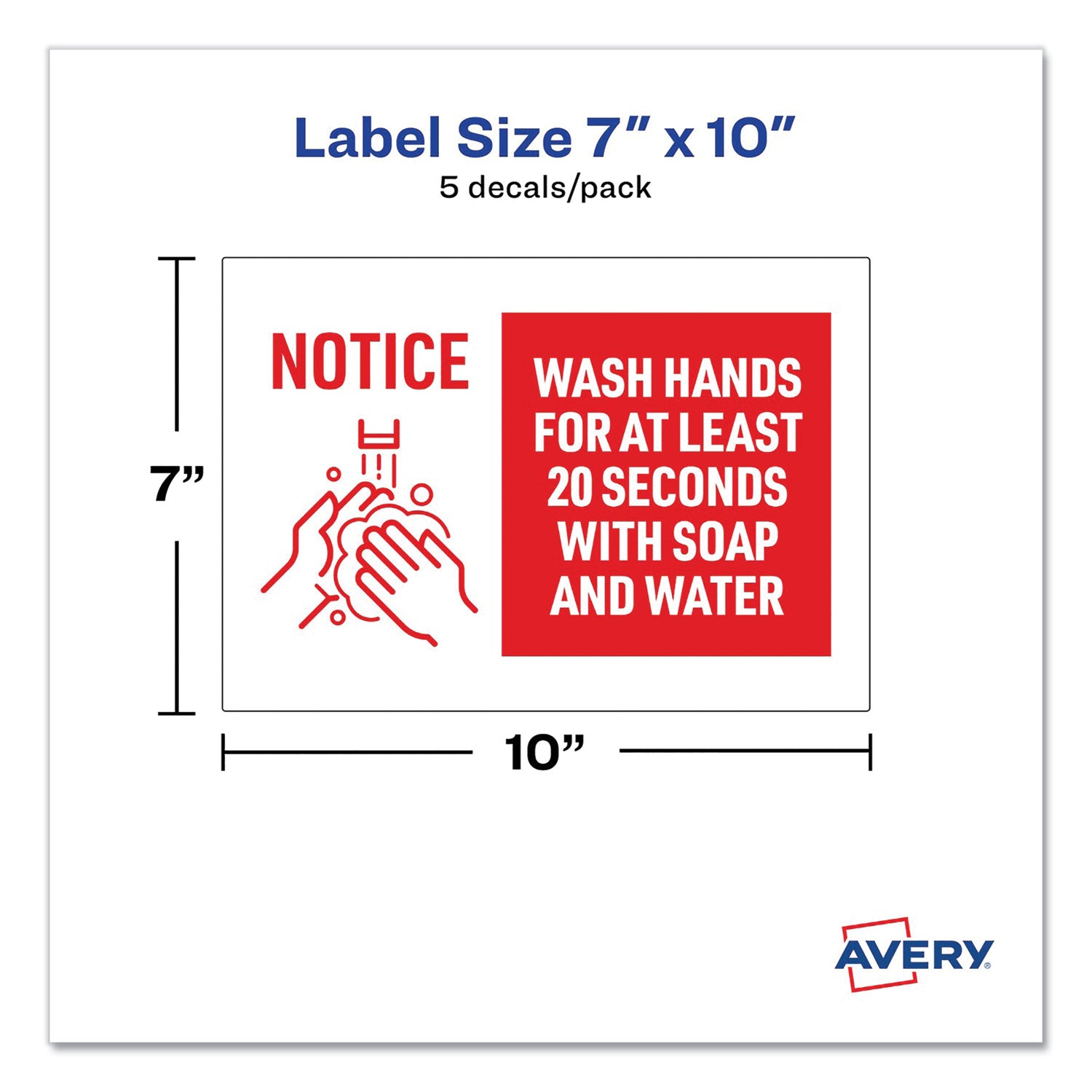 Avery® Preprinted Surface Safe Wall Decals, 10 x 7, Wash Hands for at Least 20 Seconds, White/Red Face, Red Graphics, 5/Pack