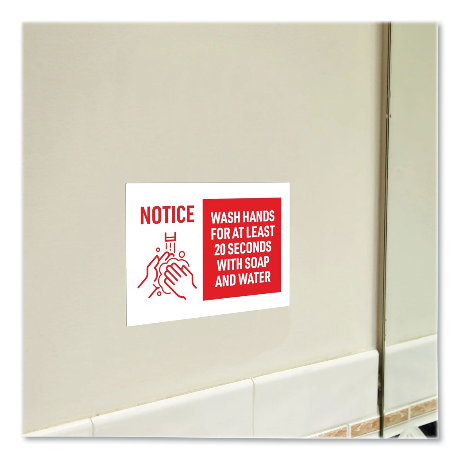 Avery® Preprinted Surface Safe Wall Decals, 10 x 7, Wash Hands for at Least 20 Seconds, White/Red Face, Red Graphics, 5/Pack