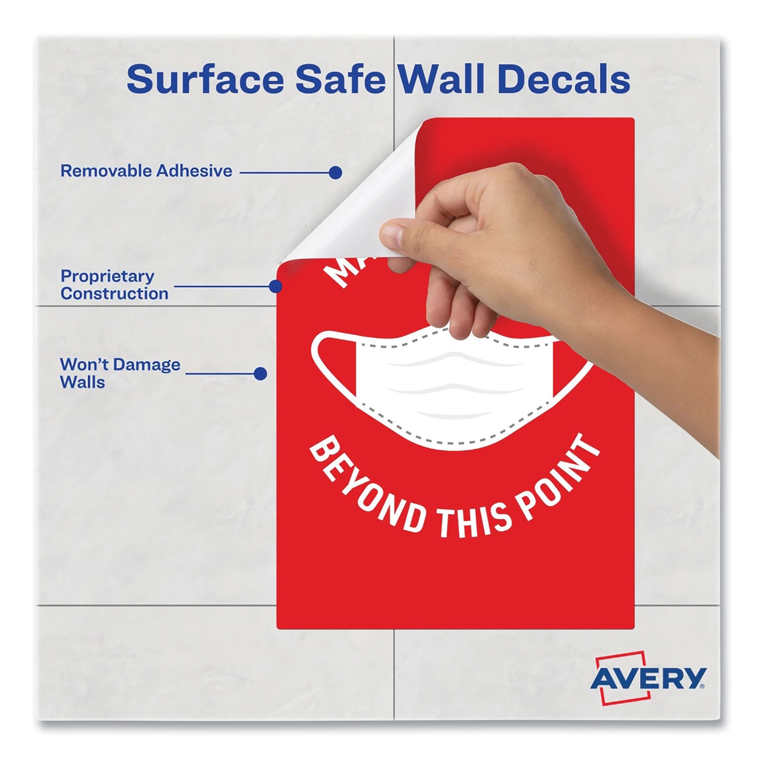 Avery® Preprinted Surface Safe Wall Decals, 7 x 10, Mask Required Beyond This Point, Red Face, White Graphics, 5/Pack