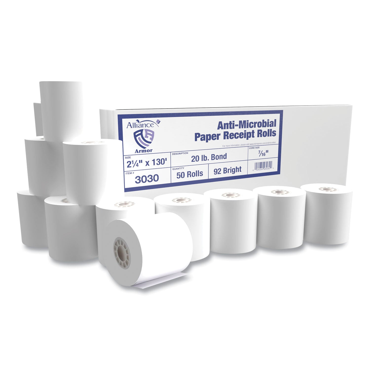 Armor Antimicrobial Receipt Roll Paper, 2.25" x 130 ft, White, 50/Carton