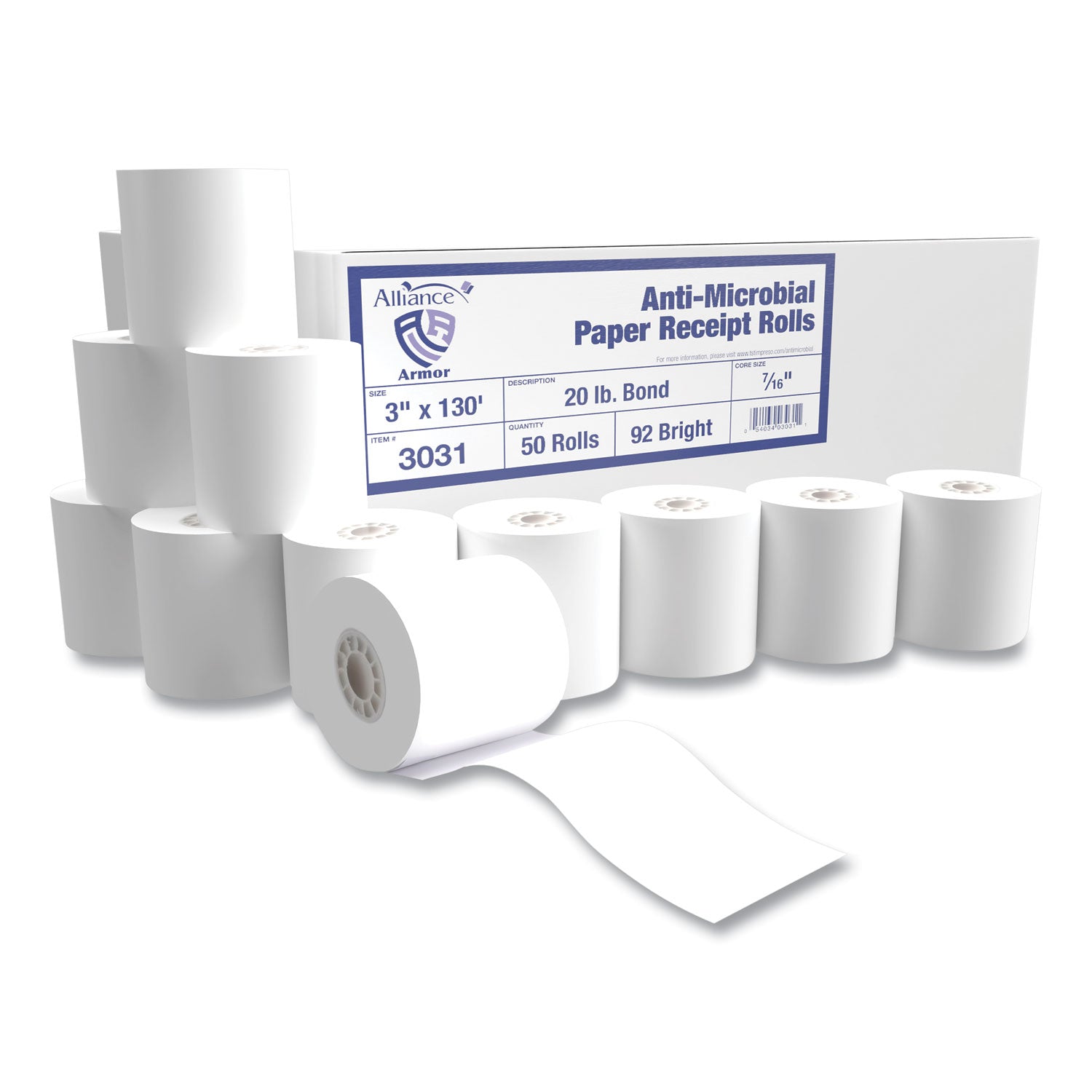 Armor Antimicrobial Receipt Roll Paper, 3" x 130 ft, White, 50/Carton