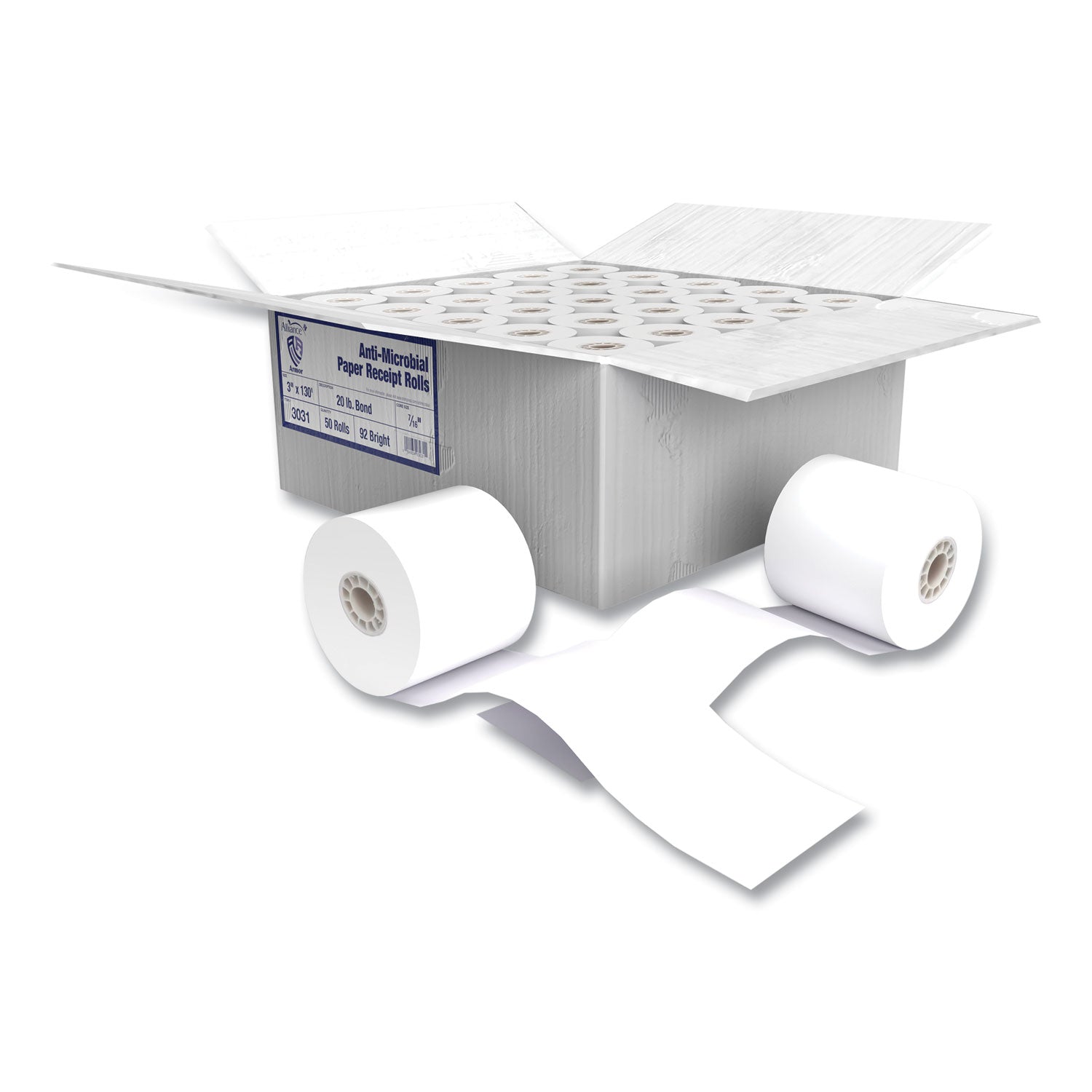 Alliance Armor Antimicrobial Receipt Roll Paper, 3" x 130 ft, White, 50/Carton