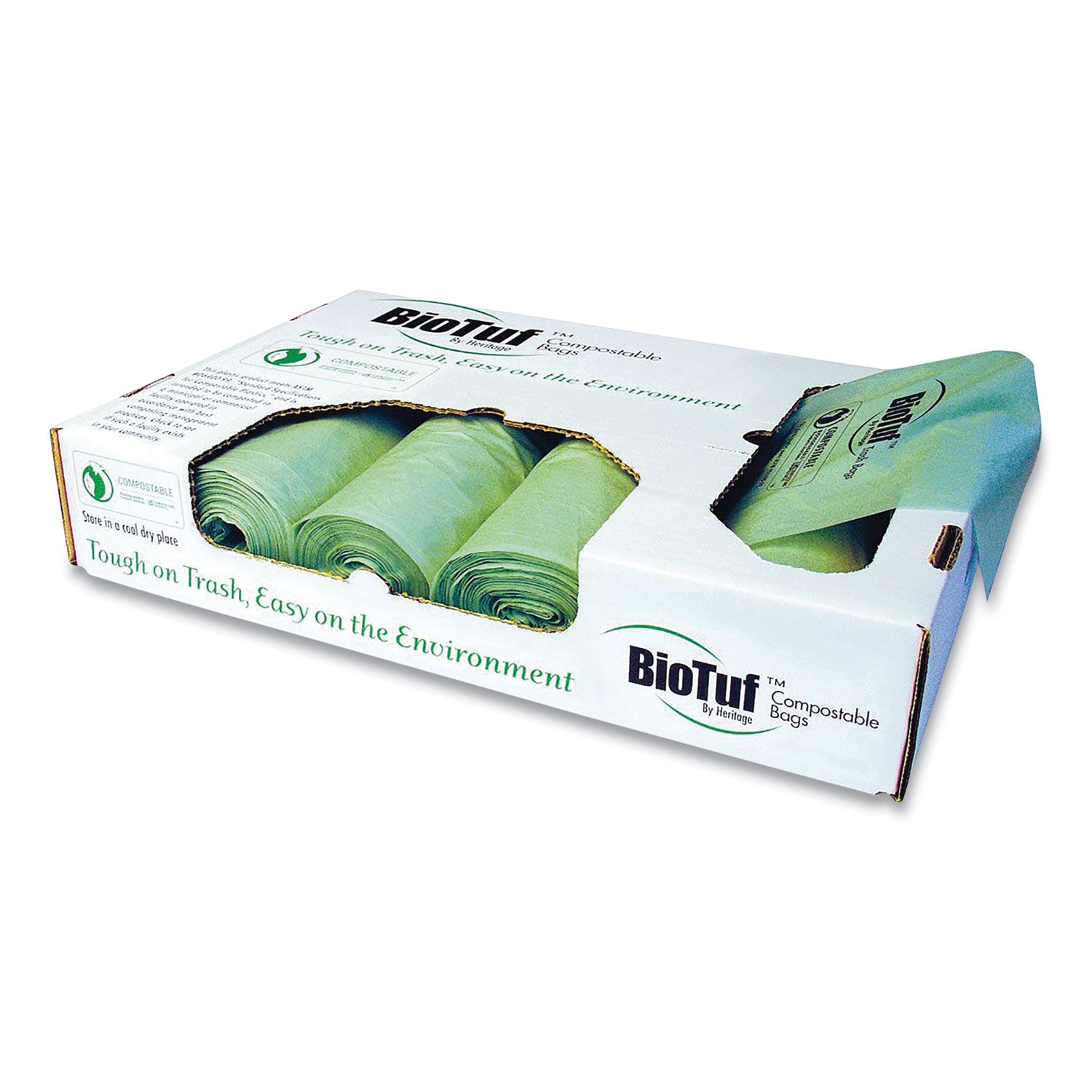 Biotuf Compostable Can Liners, 64 gal, 1 mil, 47" x 60", Green, 20 Bags/Roll, 5 Rolls/Carton