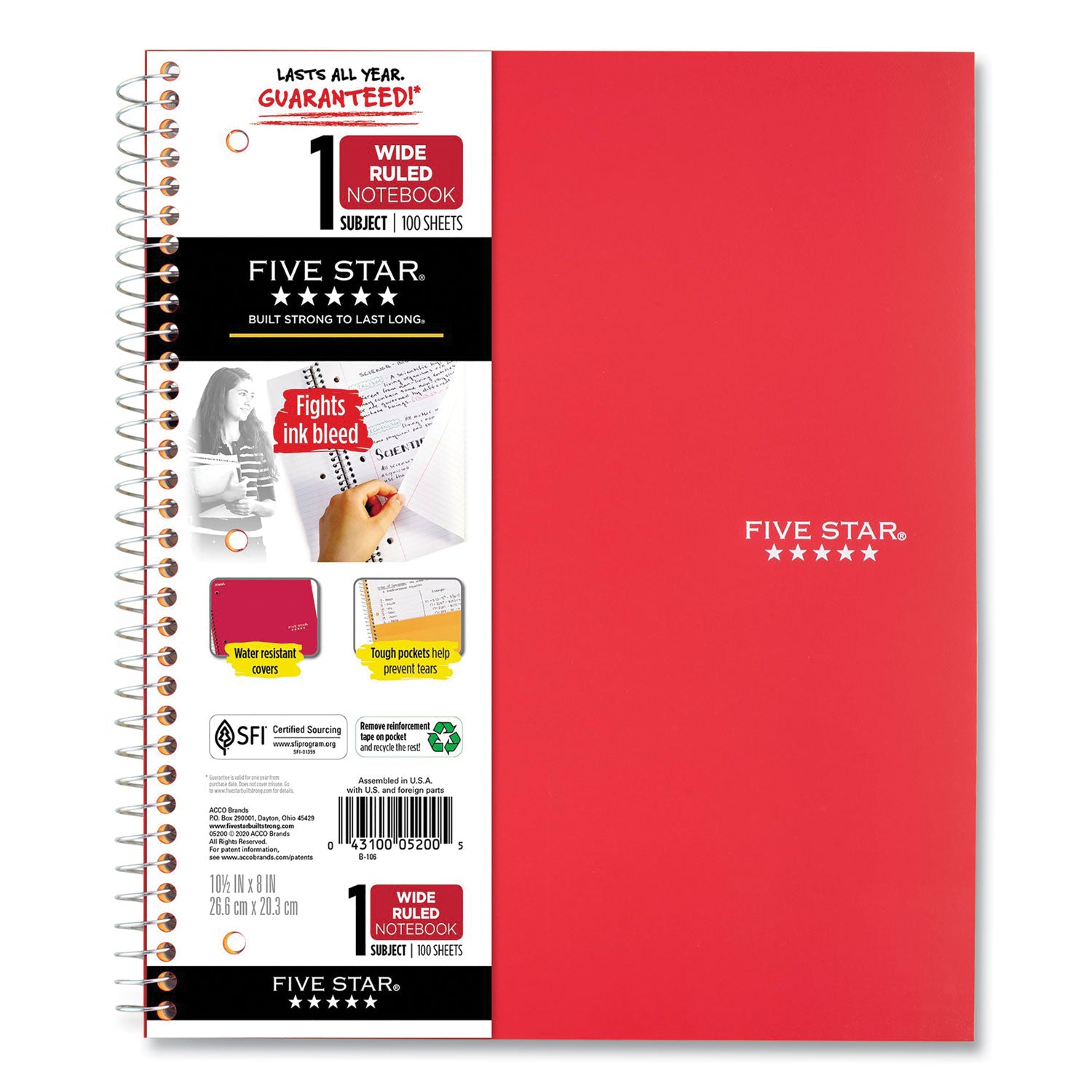 Wirebound Notebook with Two Pockets, 1-Subject, Wide/Legal Rule, Randomly Assorted Cover Color, (100) 10.5 x 8 Sheets Five Star® Flipcost