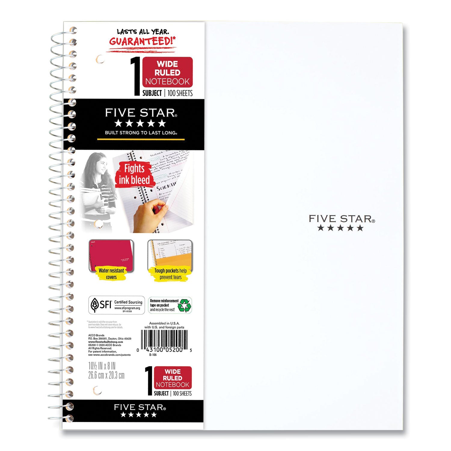 Wirebound Notebook with Two Pockets, 1-Subject, Wide/Legal Rule, Randomly Assorted Cover Color, (100) 10.5 x 8 Sheets Five Star® Flipcost