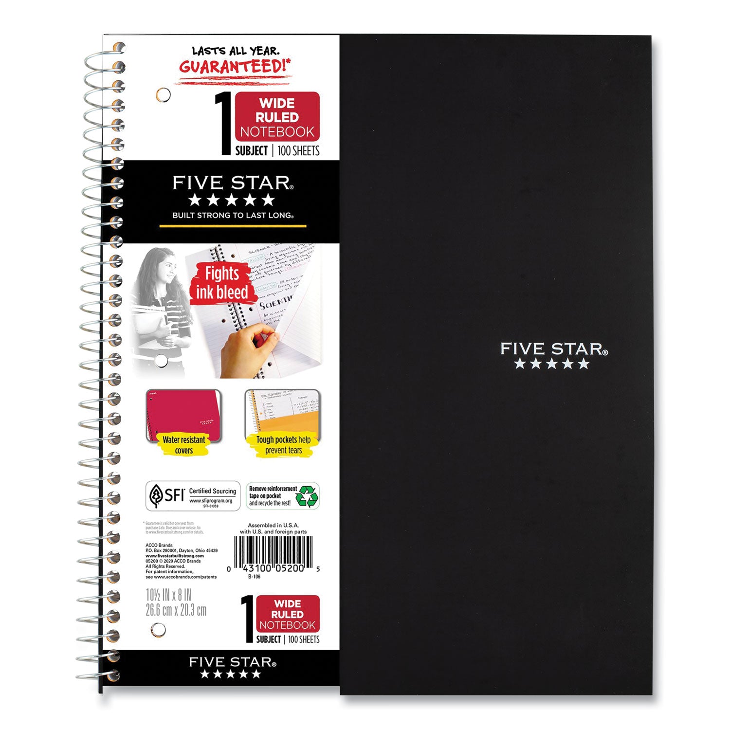 Wirebound Notebook with Two Pockets, 1-Subject, Wide/Legal Rule, Randomly Assorted Cover Color, (100) 10.5 x 8 Sheets Five Star® Flipcost