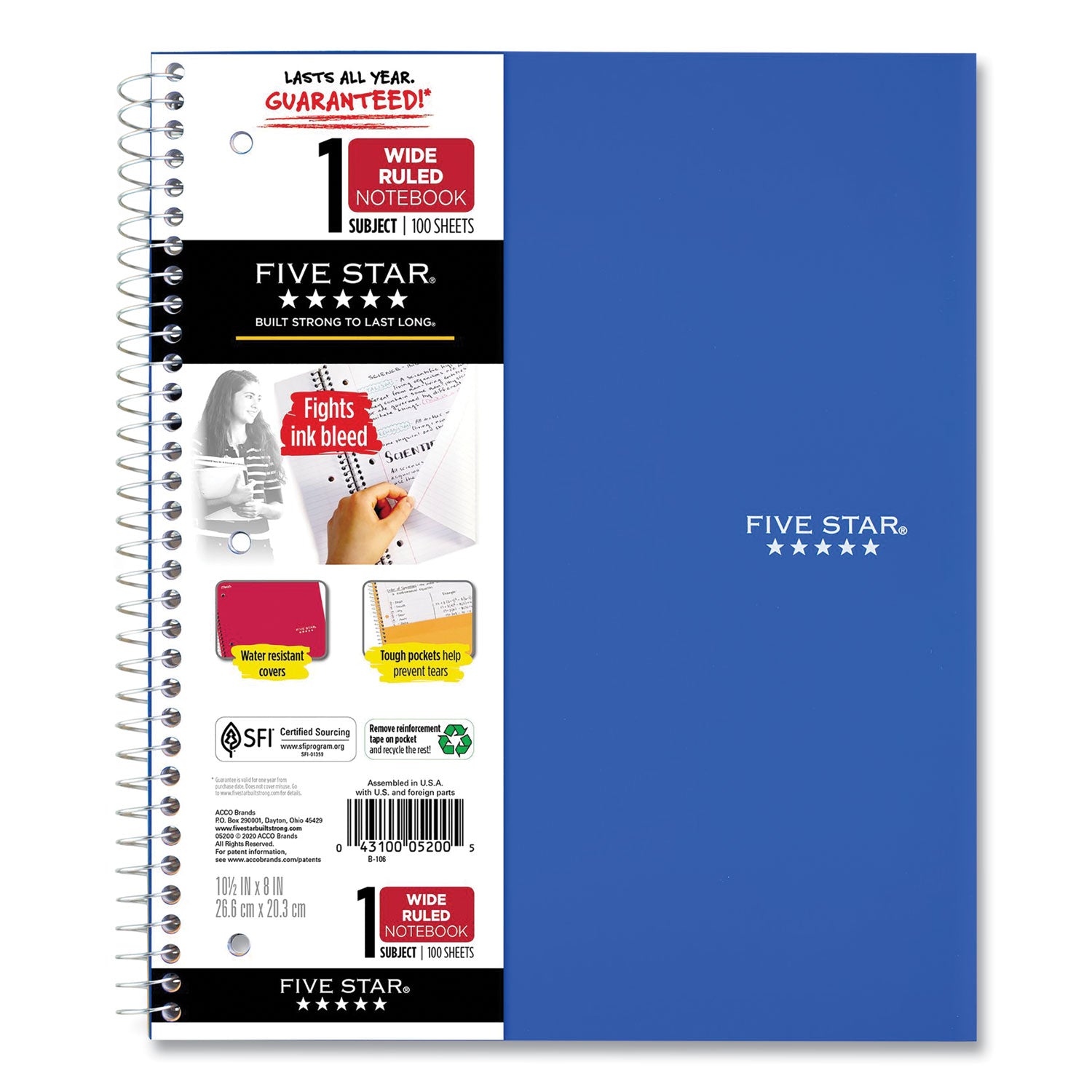 Wirebound Notebook with Two Pockets, 1-Subject, Wide/Legal Rule, Randomly Assorted Cover Color, (100) 10.5 x 8 Sheets Five Star® Flipcost