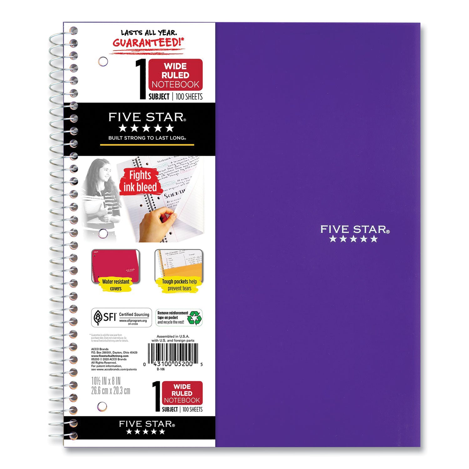 Wirebound Notebook with Two Pockets, 1-Subject, Wide/Legal Rule, Randomly Assorted Cover Color, (100) 10.5 x 8 Sheets Five Star® Flipcost