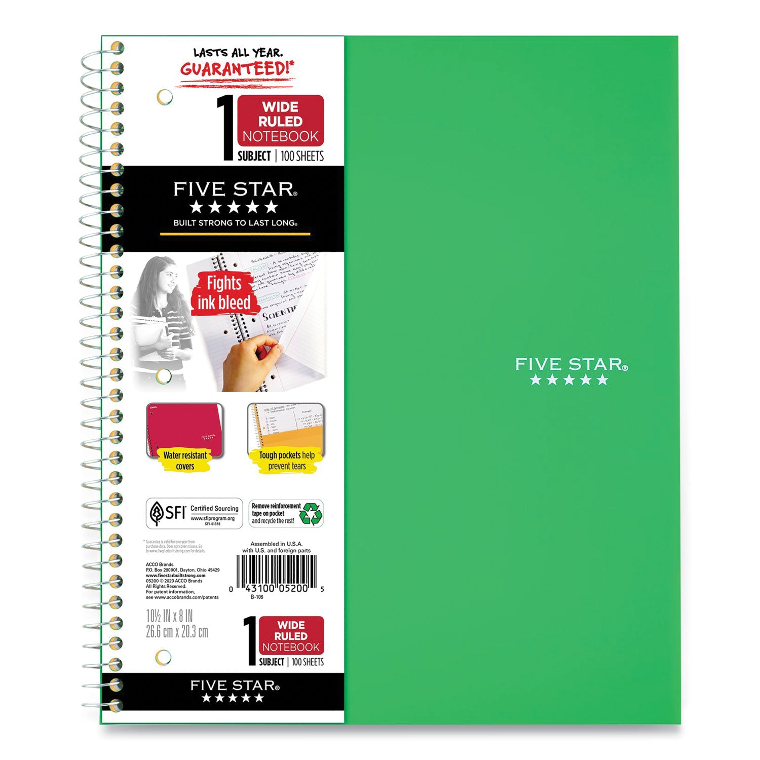 Wirebound Notebook with Two Pockets, 1-Subject, Wide/Legal Rule, Randomly Assorted Cover Color, (100) 10.5 x 8 Sheets Five Star® Flipcost