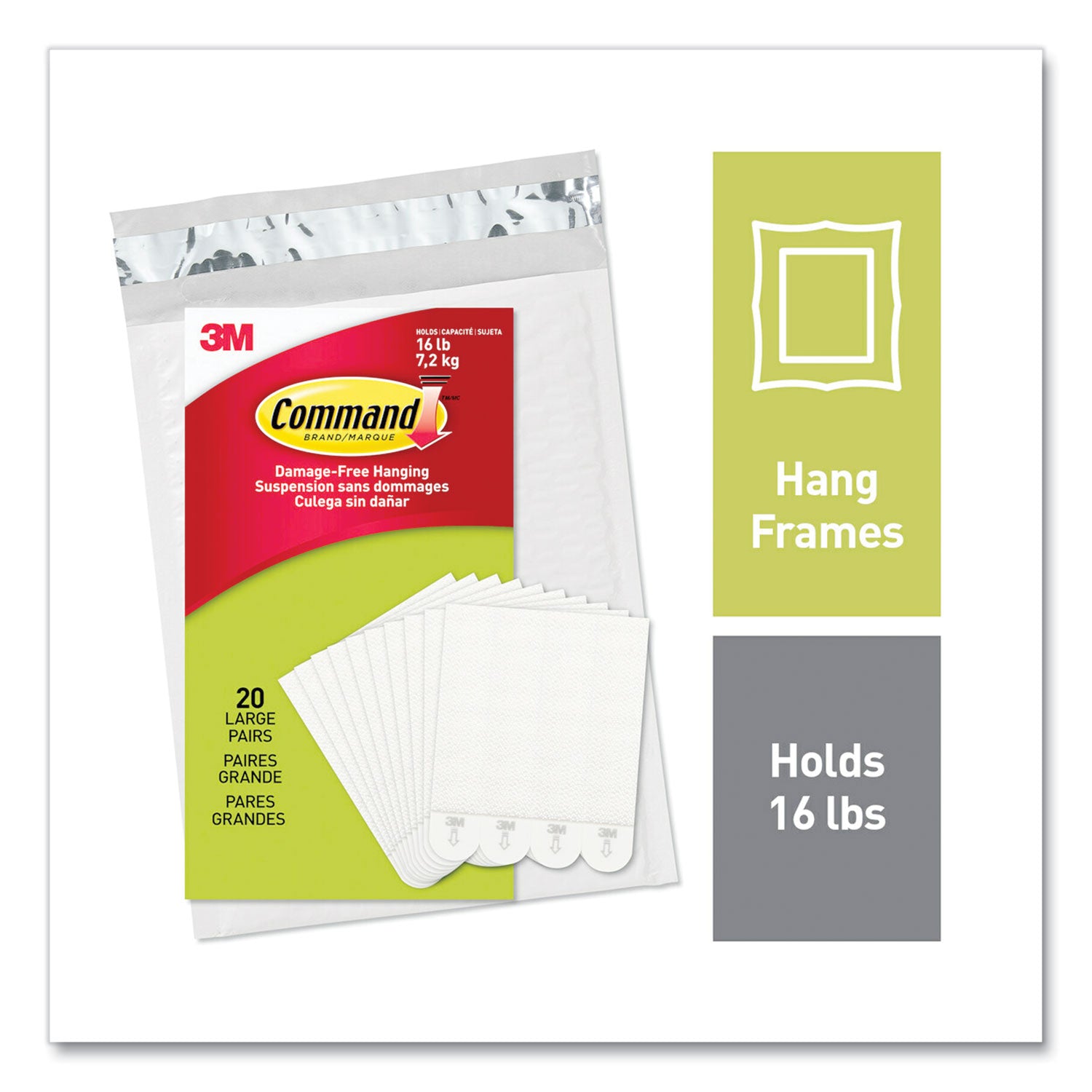 Command™ Picture Hanging Strips, Removable, Holds Up to 4 lbs per Pair, Large, 0.63 x 3.63, White, 20 Pairs/Pack