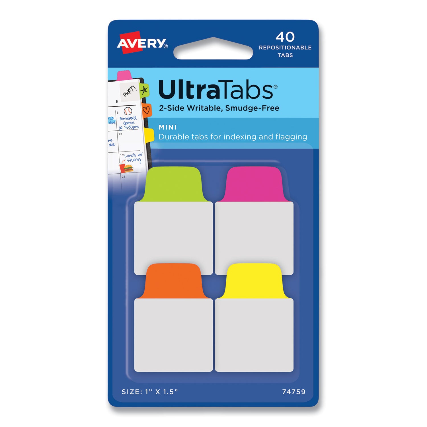 Ultra Tabs Repositionable Tabs, Mini Tabs: 1" x 1.5", 1/5-Cut, Assorted Neon Colors, 40/Pack