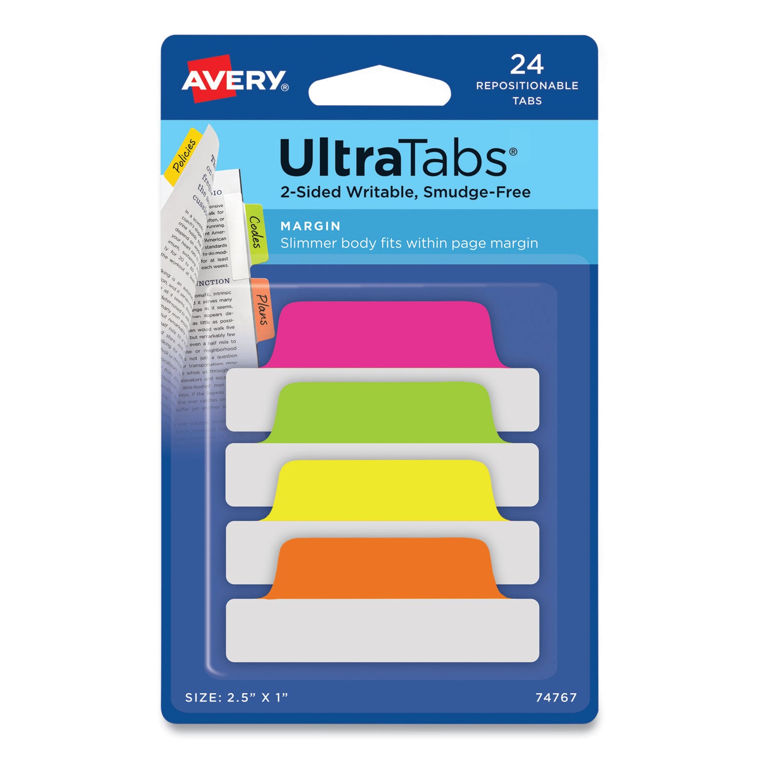 Ultra Tabs Repositionable Tabs, Margin Tabs: 2.5" x 1", 1/5-Cut, Assorted Neon Colors, 24/Pack