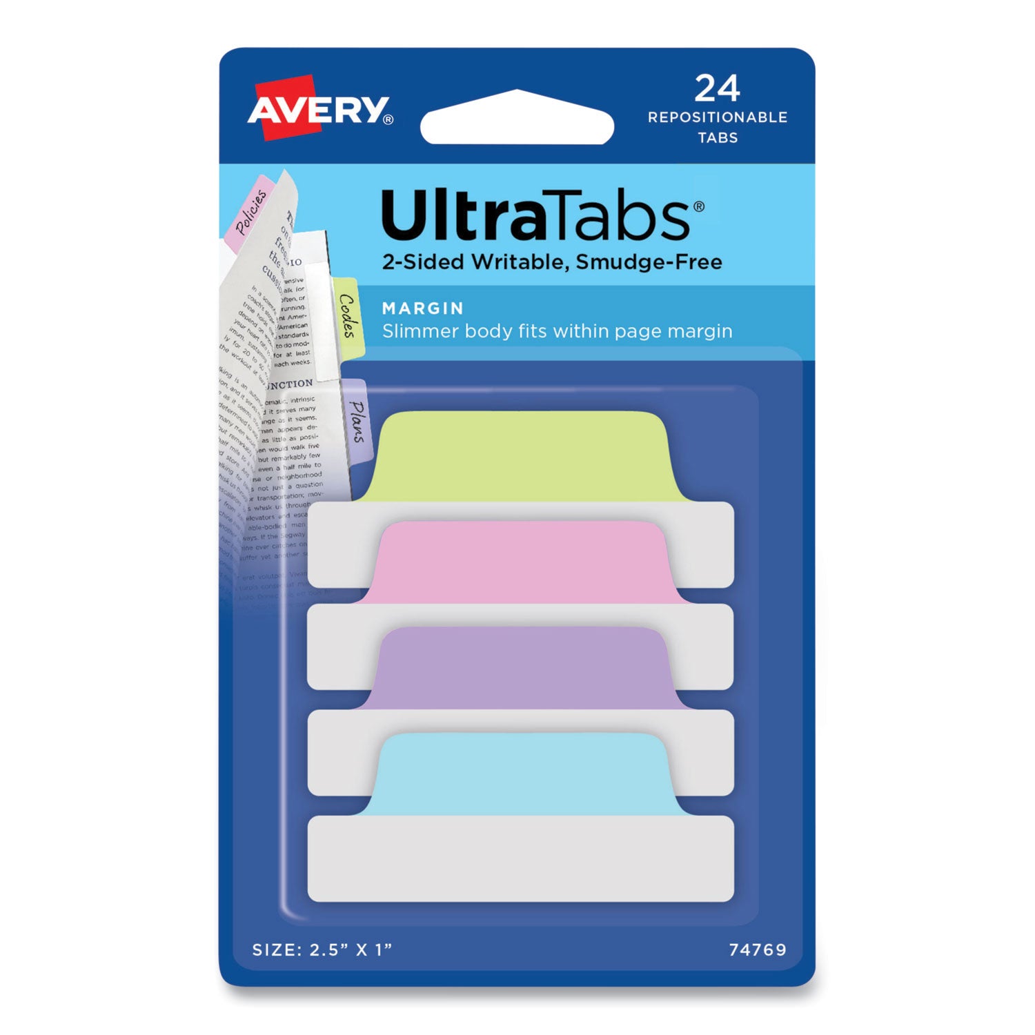 Ultra Tabs Repositionable Tabs, Margin Tabs: 2.5" x 1", 1/5-Cut, Assorted Pastel Colors, 24/Pack