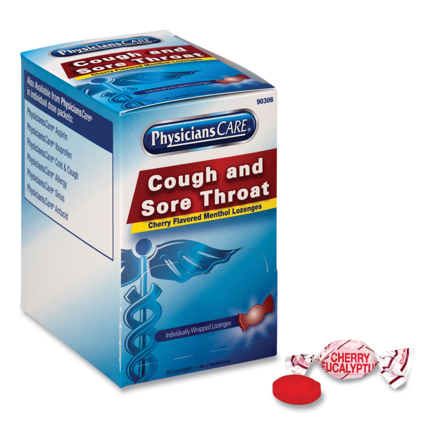 PhysiciansCare® Cough and Sore Throat, Cherry Menthol Lozenges, Individually Wrapped, 50/Box