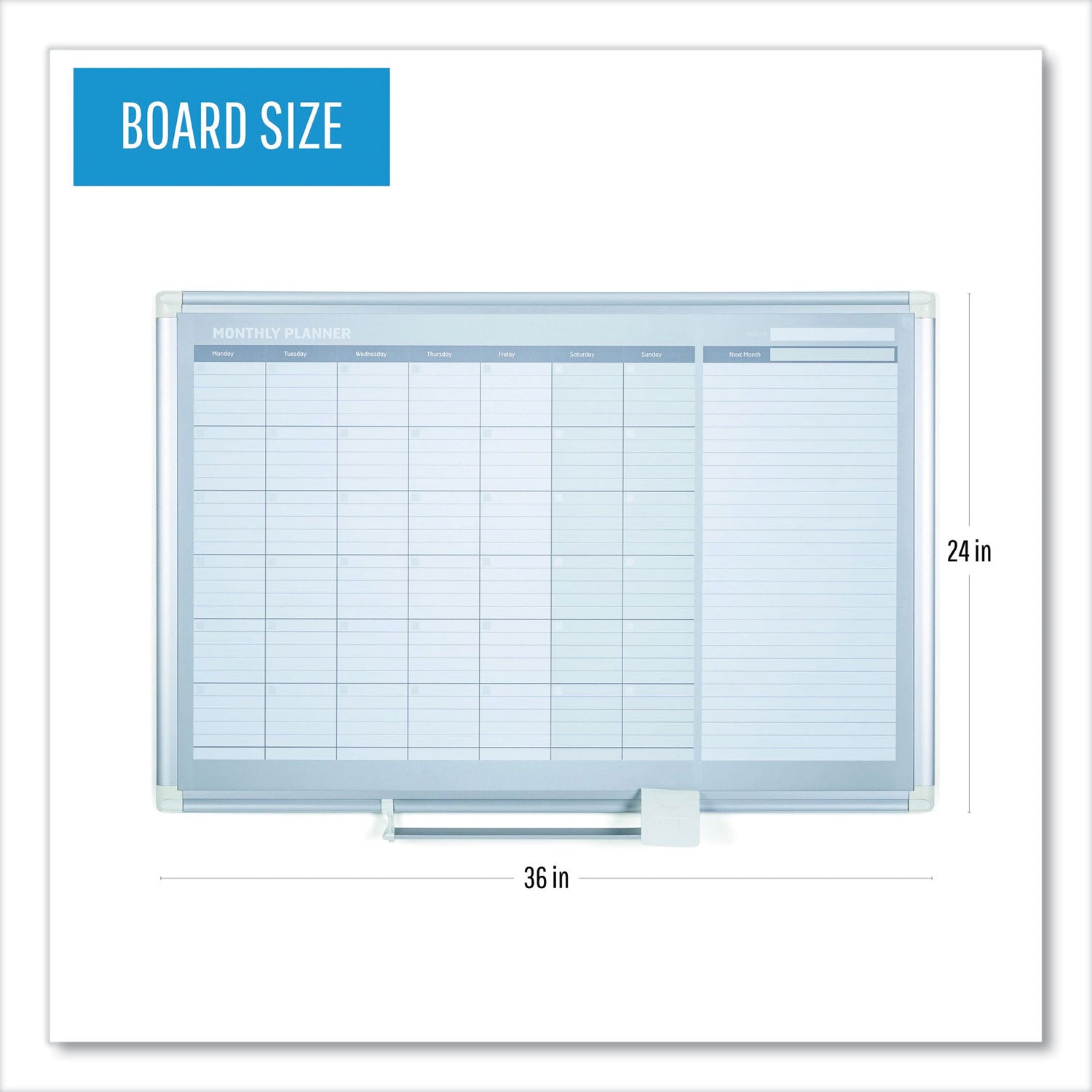 MasterVision® Magnetic Dry Erase Calendar Board, One Month, 36 x 24, White Surface, Silver Aluminum Frame