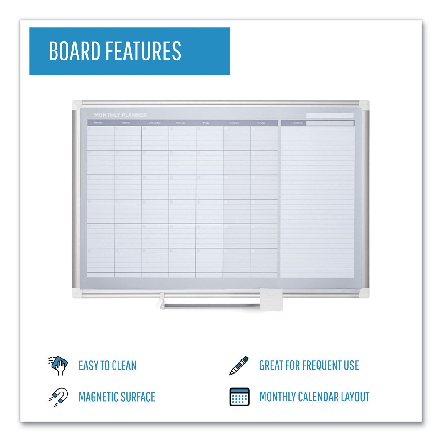 MasterVision® Magnetic Dry Erase Calendar Board, One Month, 48 x 36, White Surface, Silver Aluminum Frame