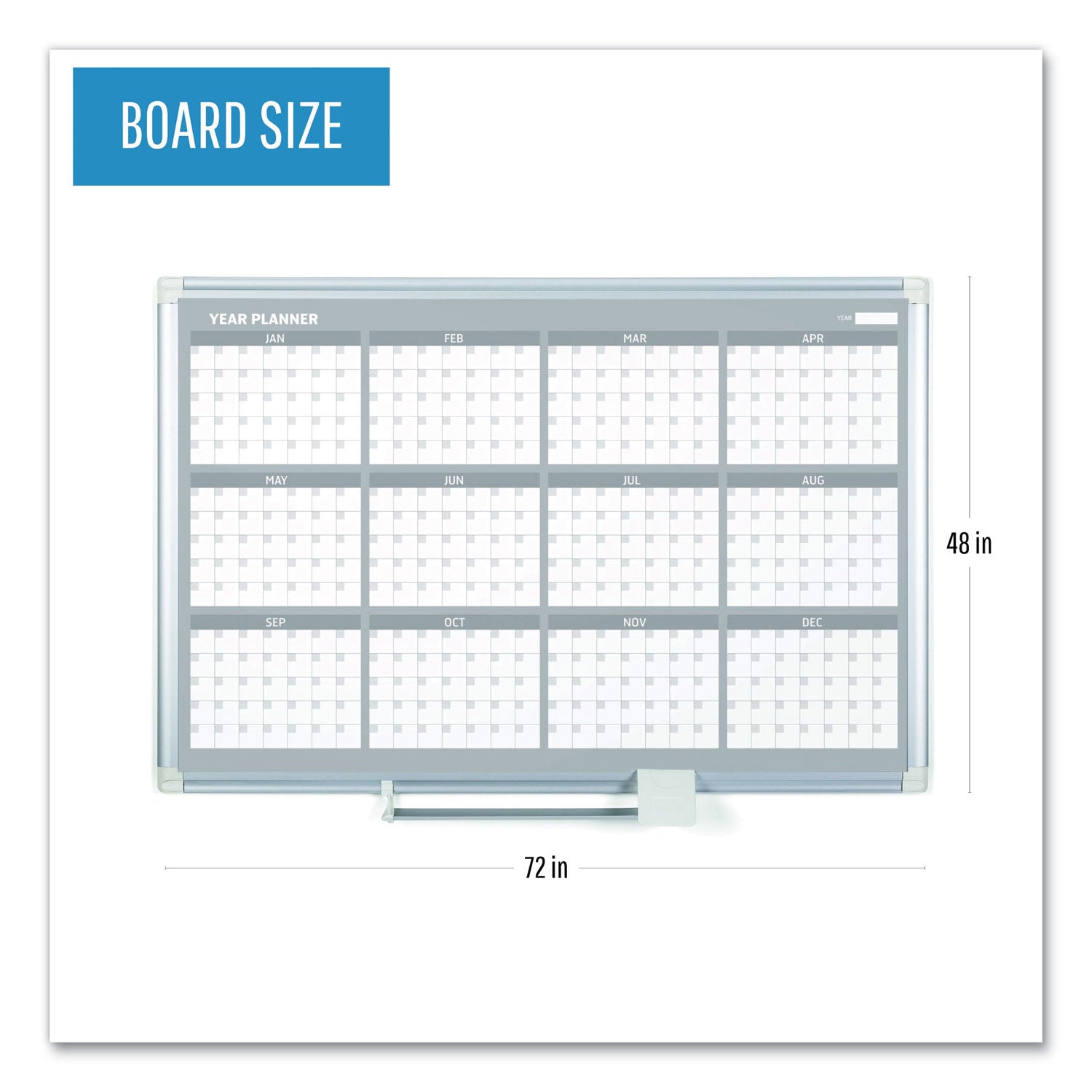 MasterVision® Magnetic Dry Erase Calendar Board, 12-Month, 36 x 24, White Surface, Silver Aluminum Frame