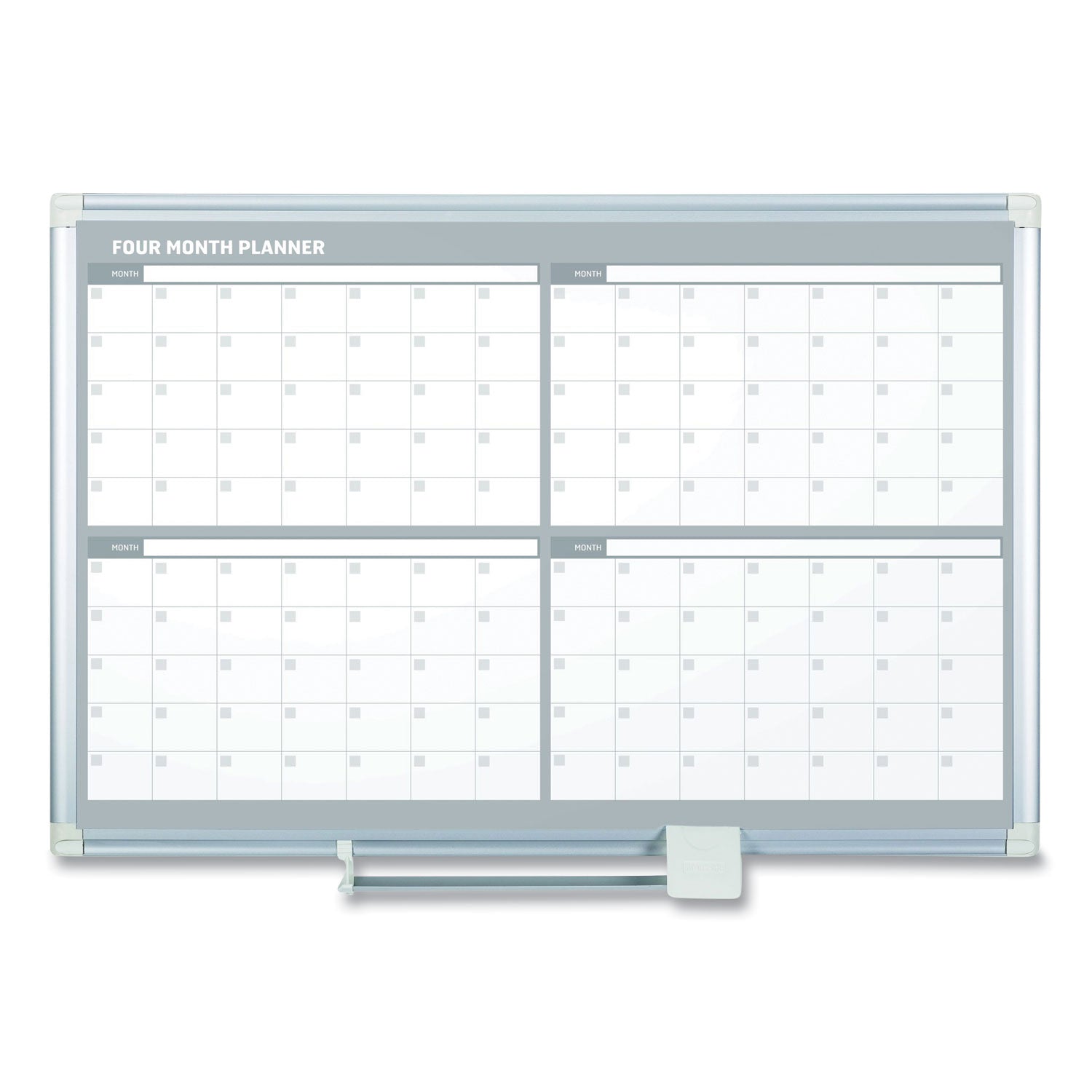 Magnetic Dry Erase Calendar Board, Four Month, 48 x 36, White Surface, Silver Aluminum Frame