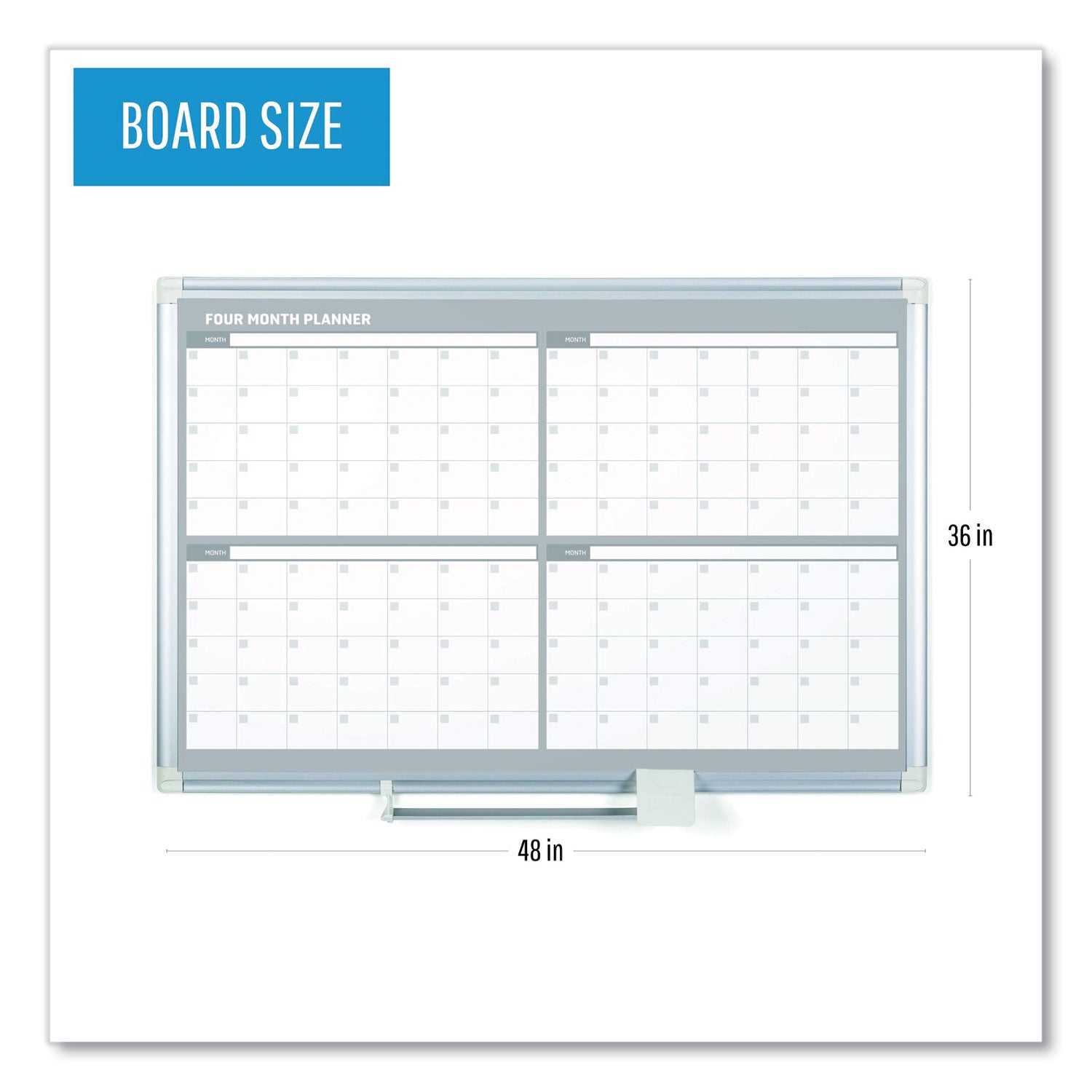 MasterVision® Magnetic Dry Erase Calendar Board, Four Month, 48 x 36, White Surface, Silver Aluminum Frame