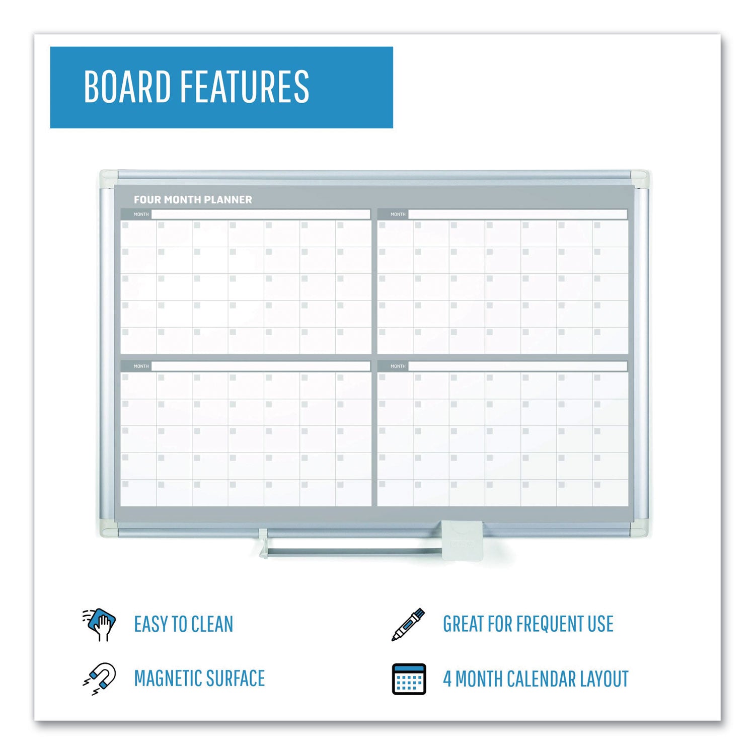 MasterVision® Magnetic Dry Erase Calendar Board, Four Month, 48 x 36, White Surface, Silver Aluminum Frame