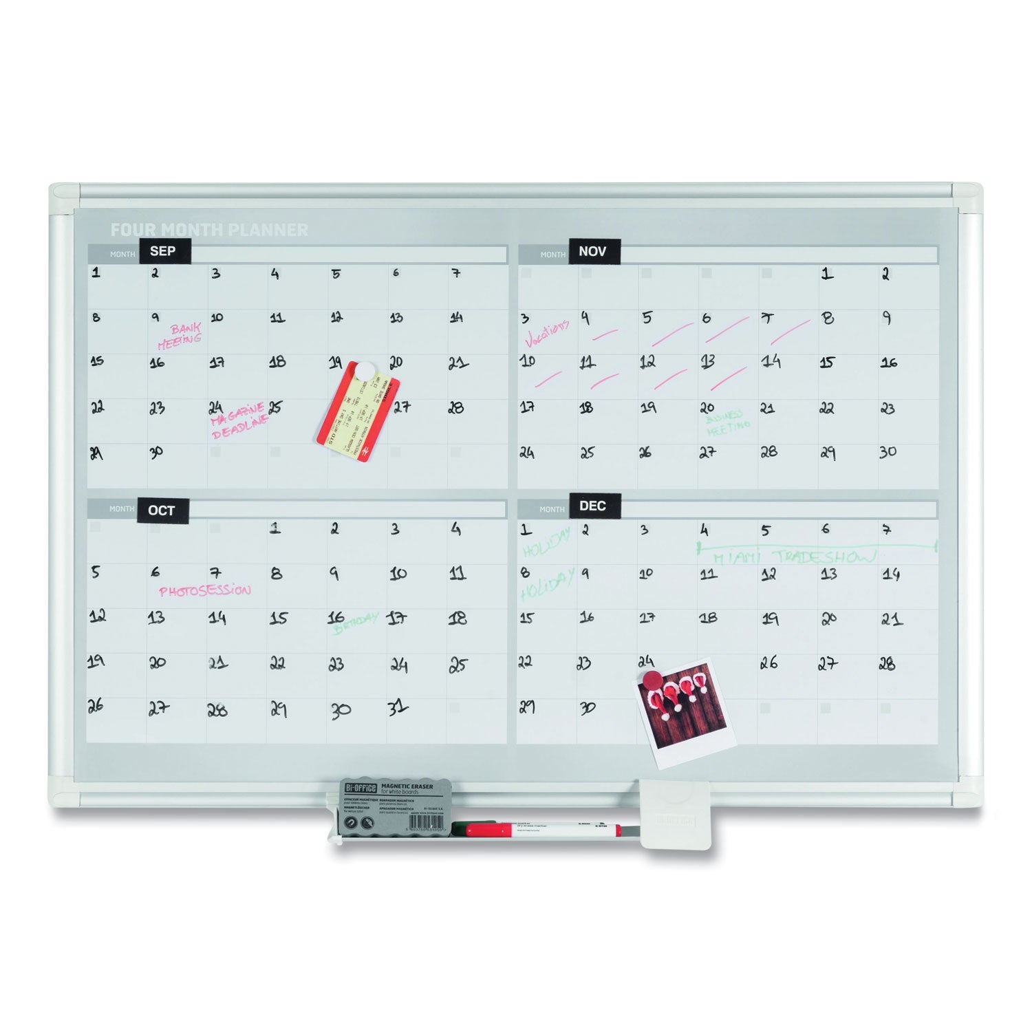 MasterVision® Magnetic Dry Erase Calendar Board, Four Month, 48 x 36, White Surface, Silver Aluminum Frame