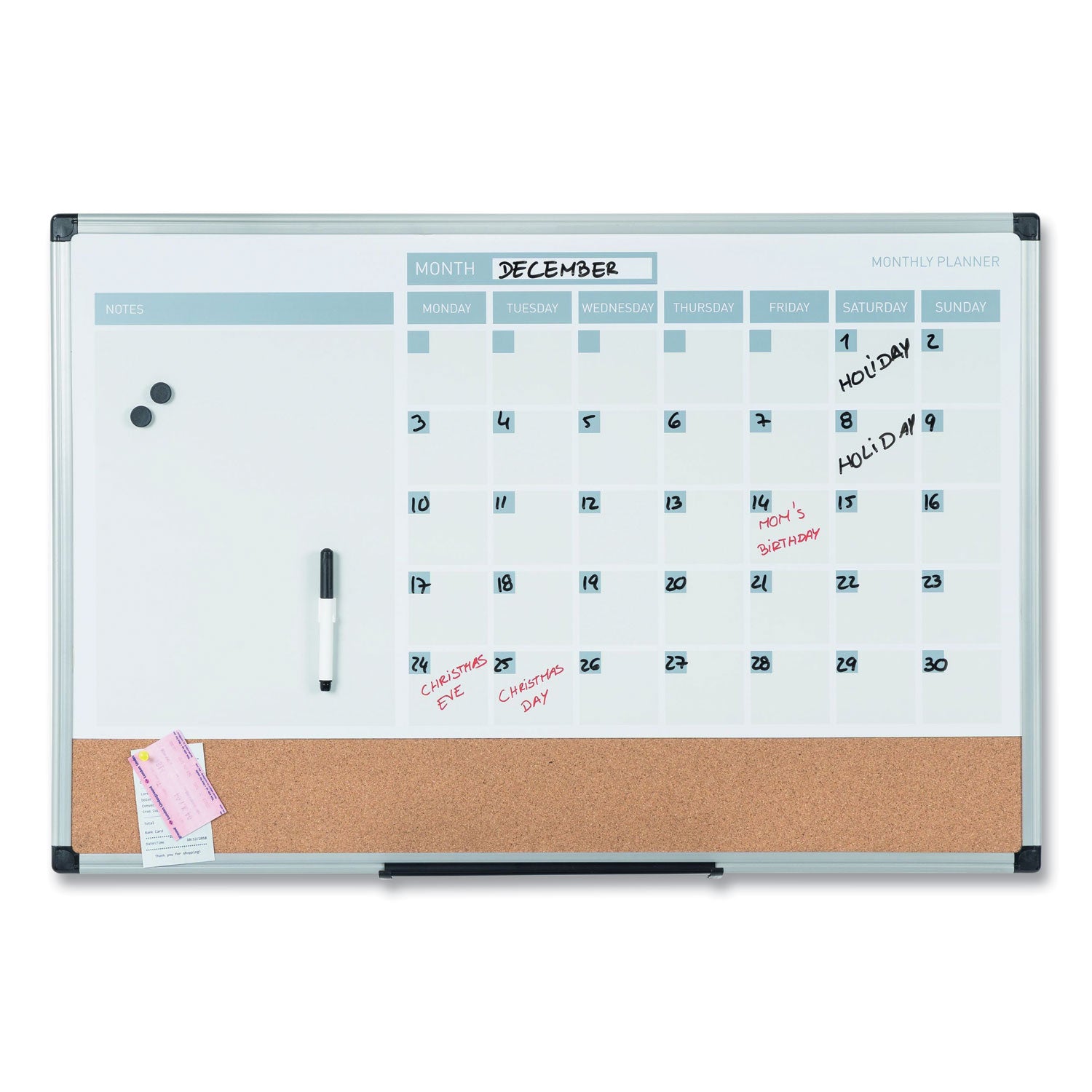 MasterVision® 3-in-1 Calendar Planner, 36 x 24, White Surface, Silver Aluminum Frame