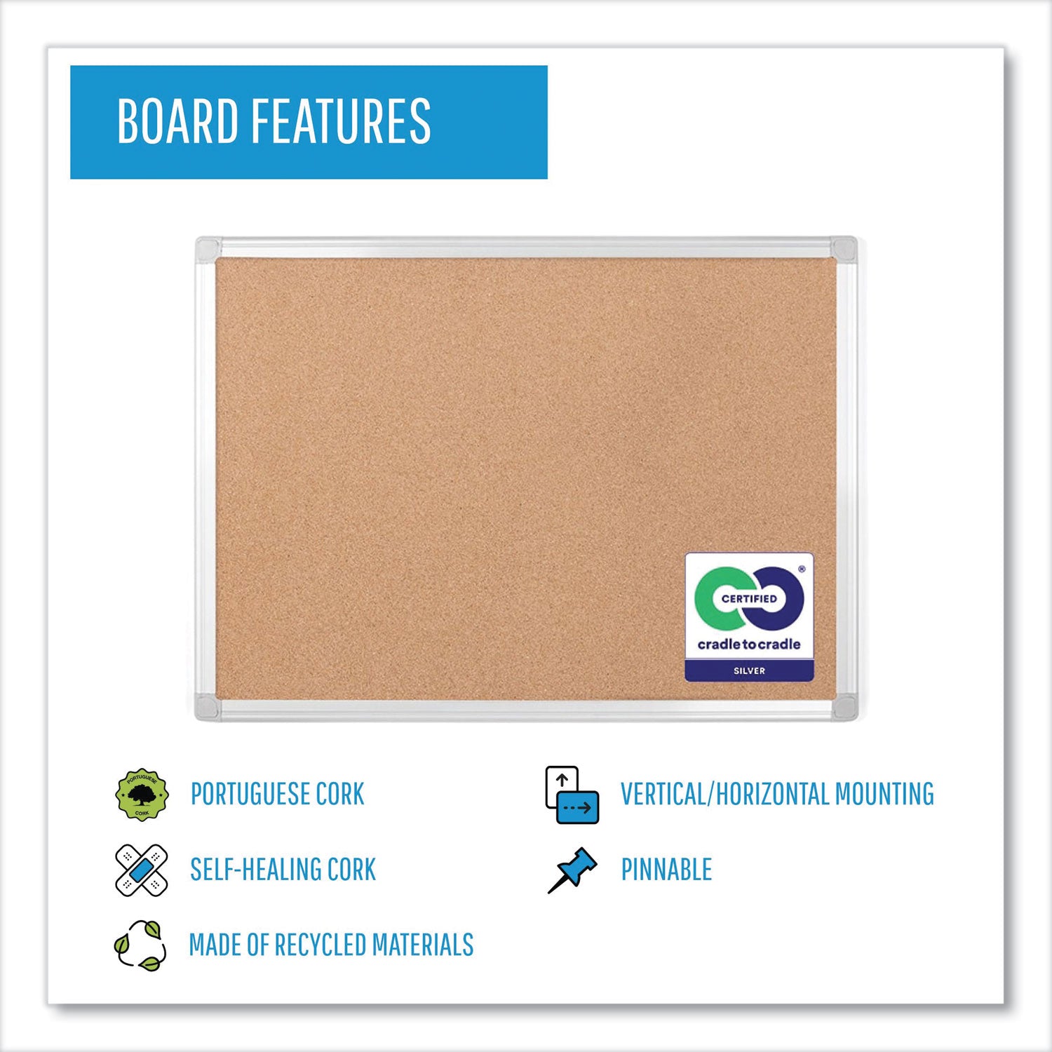 MasterVision® Earth Cork Board, 24 x 18, Tan Surface, Silver Aluminum Frame