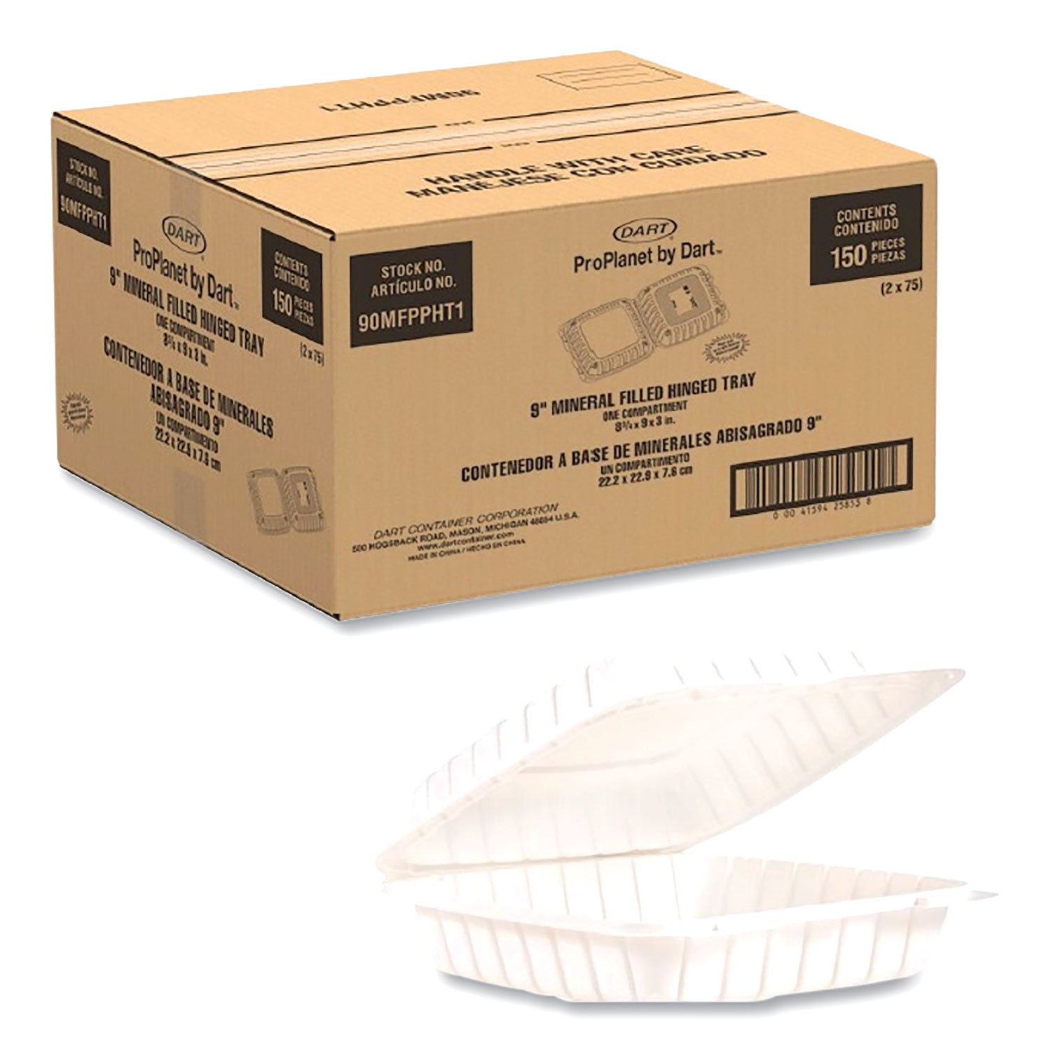 Dart® Hinged Lid Containers, Single Compartment, 9 x 8.8 x 3, White, Plastic, 150/Carton