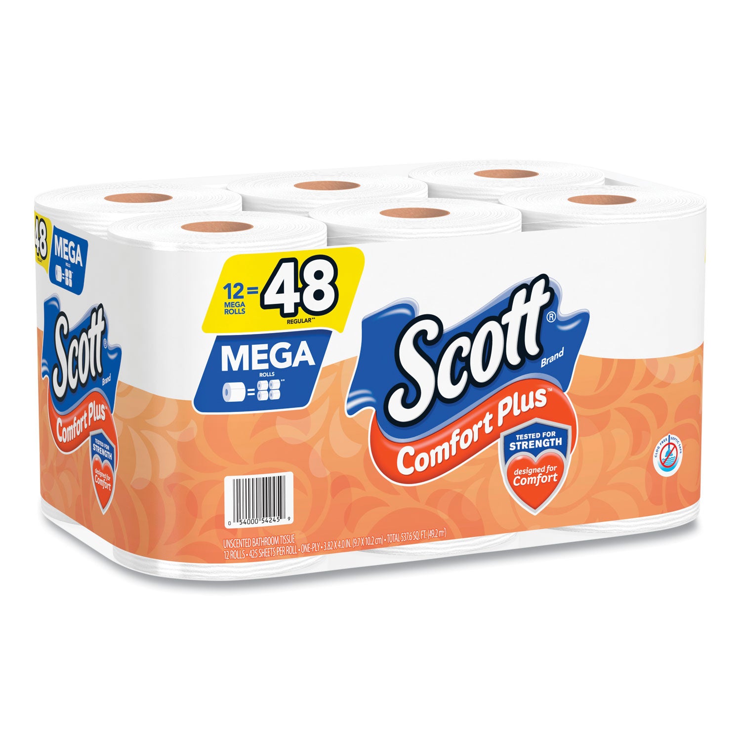 Scott® ComfortPlus Toilet Paper, Mega Roll, Septic Safe, 1-Ply, White, 425 Sheets/Roll, 12 Rolls/Pack