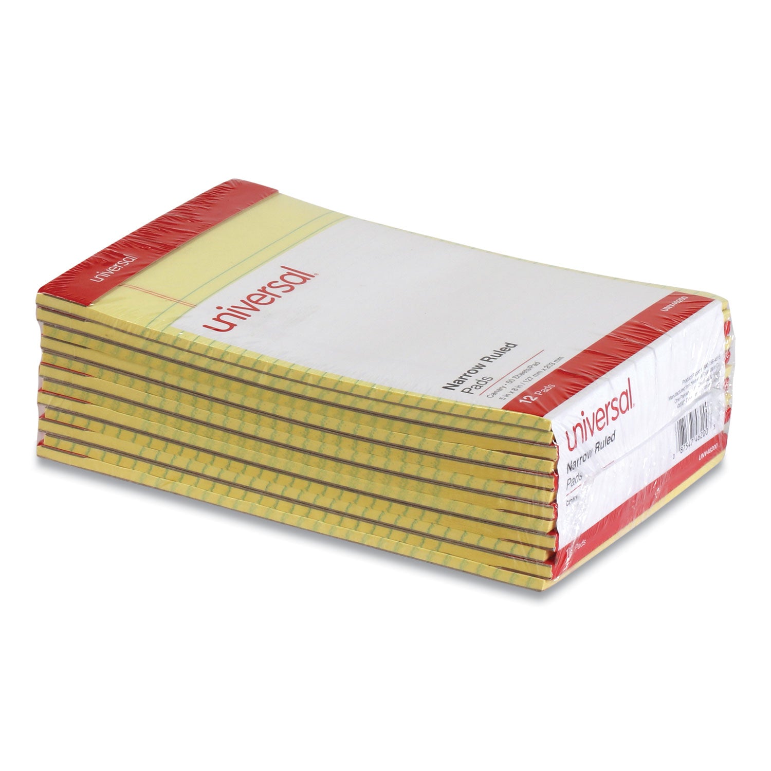 Universal® Perforated Ruled Writing Pads, Narrow Rule, Red Headband, 50 Canary-Yellow 5 x 8 Sheets, Dozen