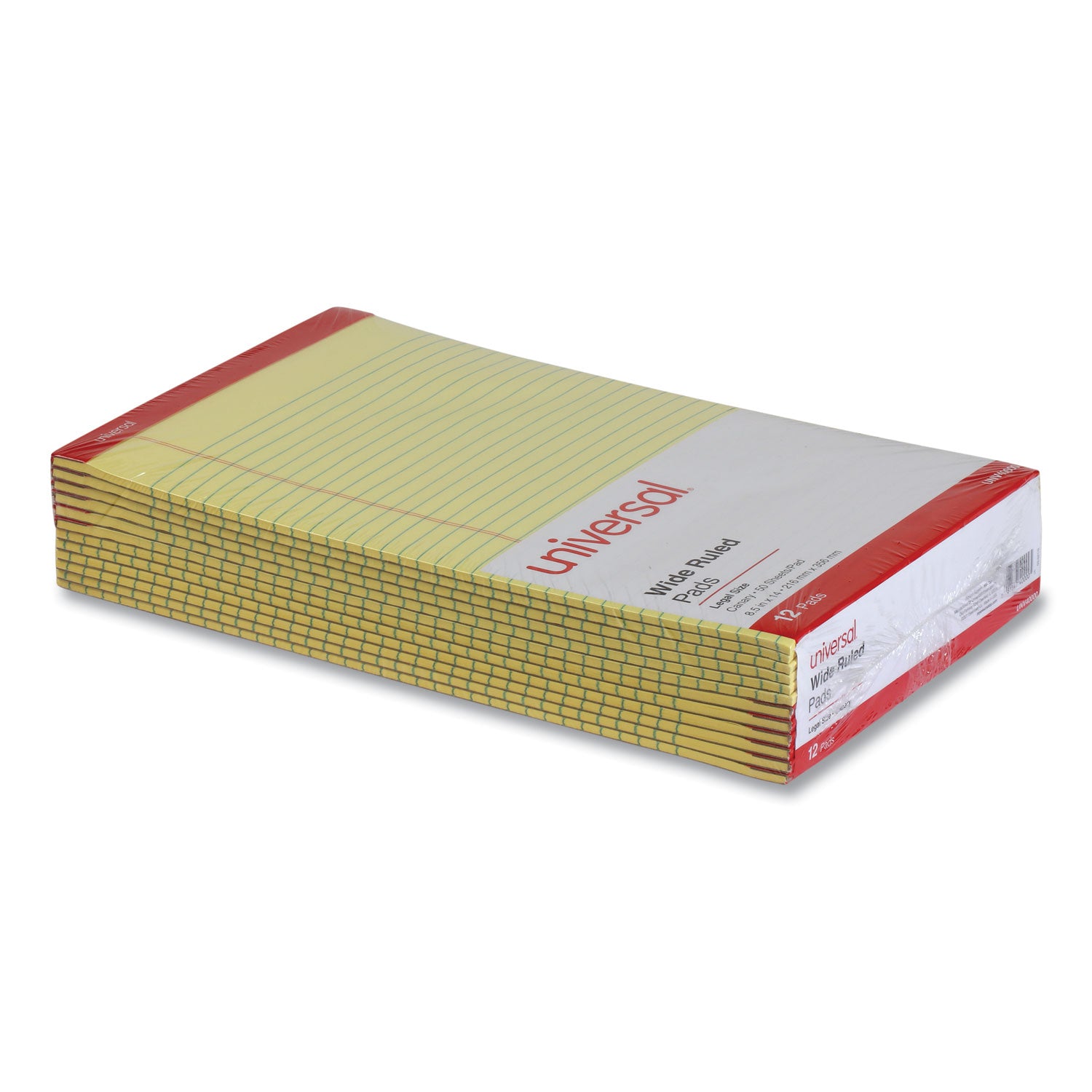 Universal® Perforated Ruled Writing Pads, Wide/Legal Rule, Red Headband, 50 Canary-Yellow 8.5 x 14 Sheets, Dozen