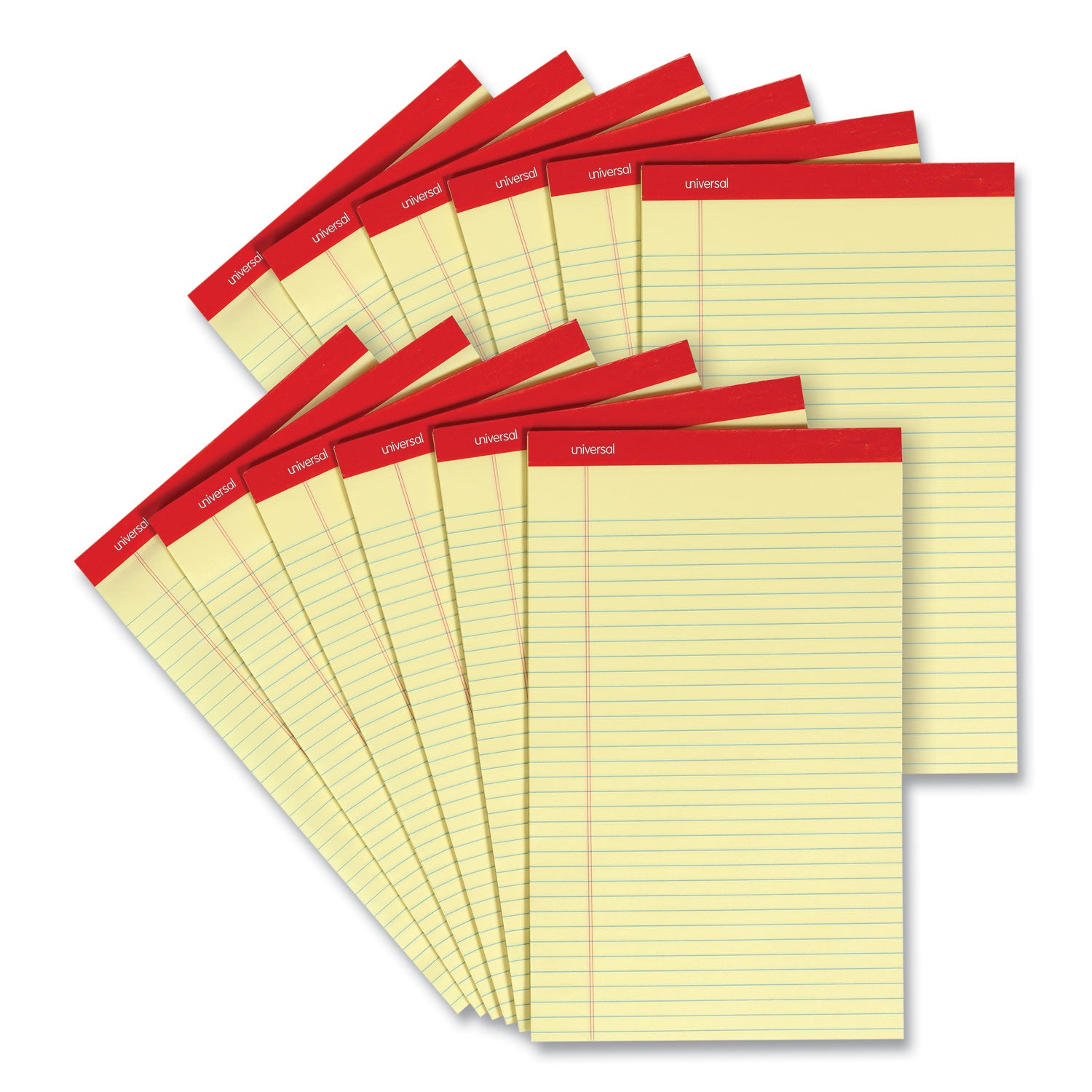 Universal® Perforated Ruled Writing Pads, Wide/Legal Rule, Red Headband, 50 Canary-Yellow 8.5 x 14 Sheets, Dozen