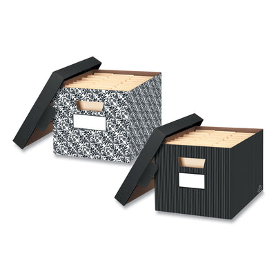 FELLOWES MFG. CO. STOR/FILE Decorative Medium-Duty Storage Box, Letter/Legal Files, 12.5" x 16.25" x 10.5", Black/White Brocade Design, 4/CT - Flipcost
