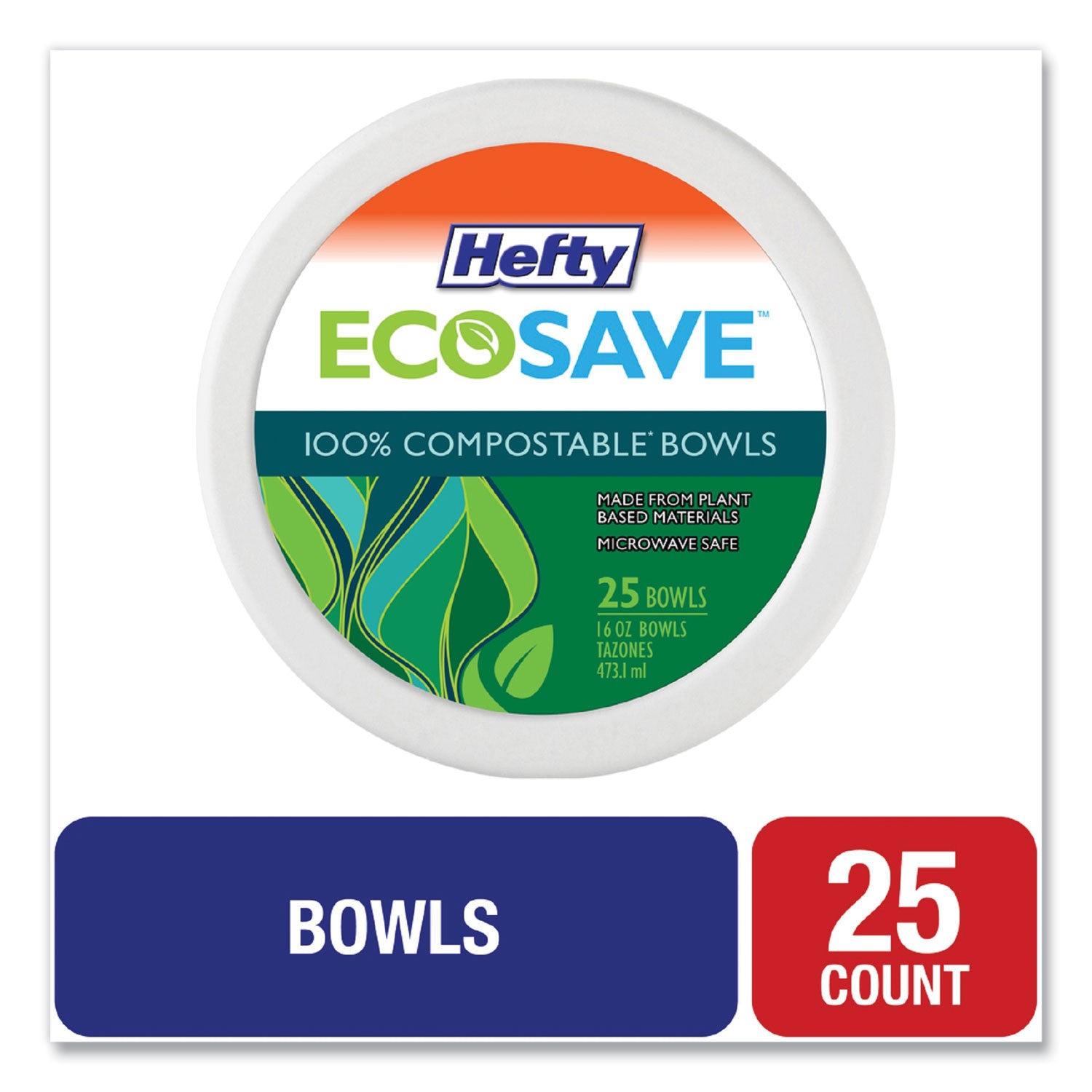 Hefty® ECOSAVE Tableware, Bowl, Bagasse, 16 oz, White, 25/Pack, 12 Packs/Carton