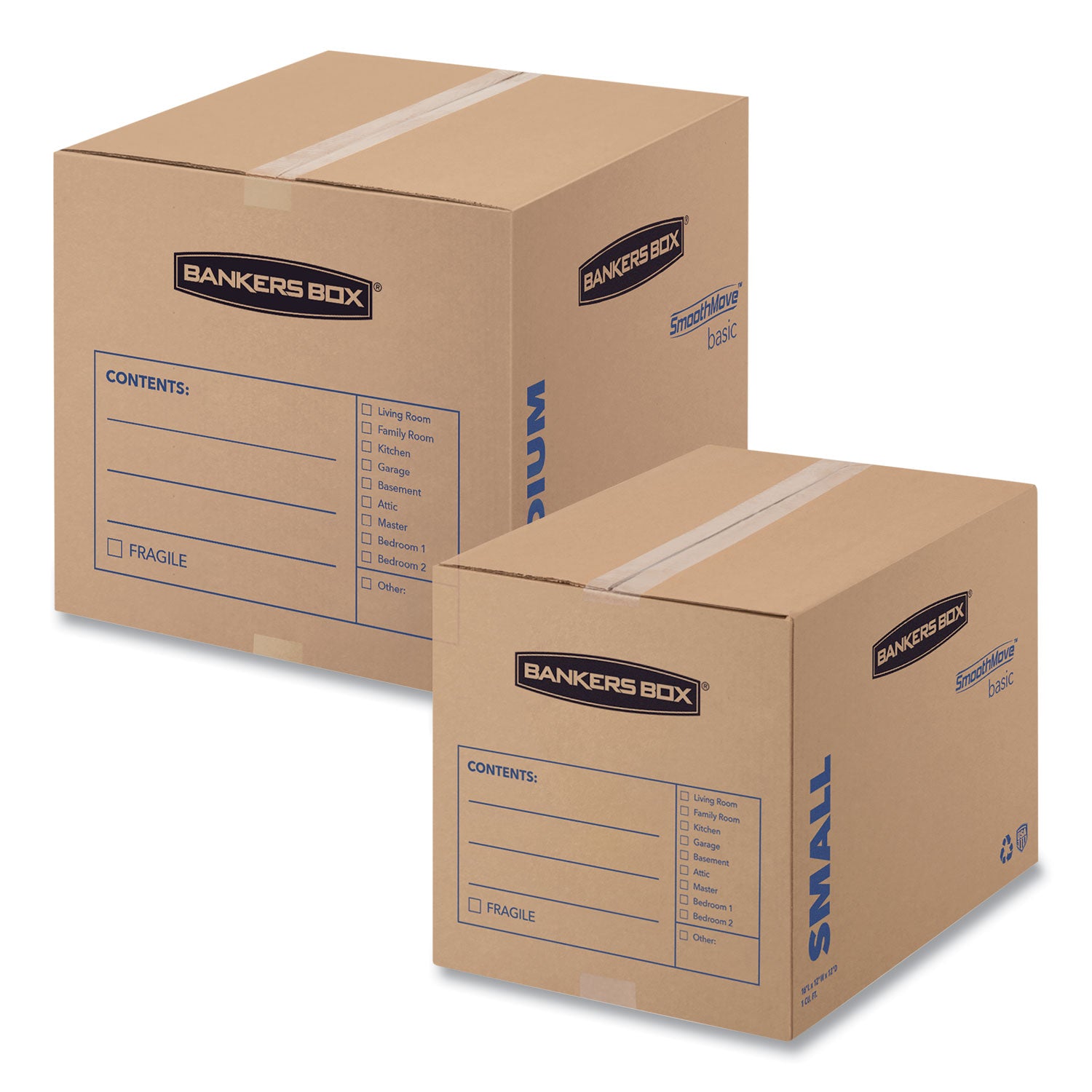 Bankers Box® SmoothMove Basic Moving Boxes, Regular Slotted Container (RSC), Small, 12" x 16" x 12", Brown/Blue, 25/Bundle