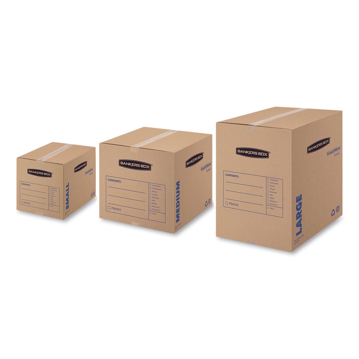 Bankers Box® SmoothMove Basic Moving Boxes, Regular Slotted Container (RSC), Small, 12" x 16" x 12", Brown/Blue, 25/Bundle