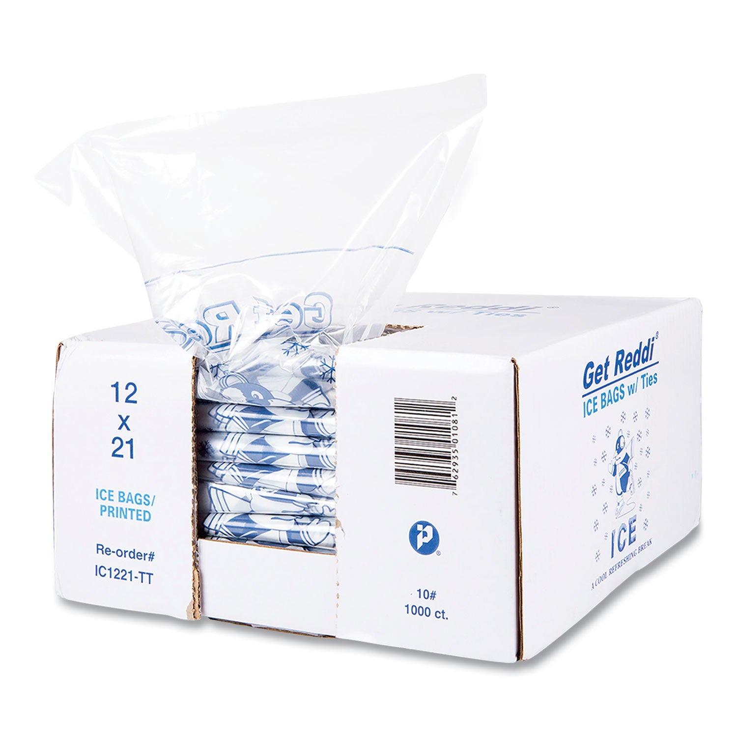 Inteplast Group Ice Bags with Twist-Ties, Ice: Penguin Icon Labeling, 10 lb Capacity, 12" x 21", Clear, 1,000/Carton