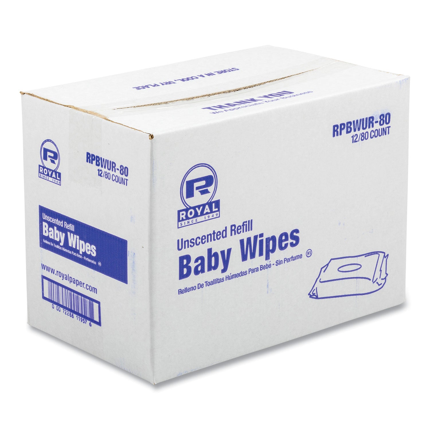 AmerCareRoyal® Baby Wipes Refill Pack, 8 x 7, Unscented, White, 80/Pack, 12 Packs/Carton