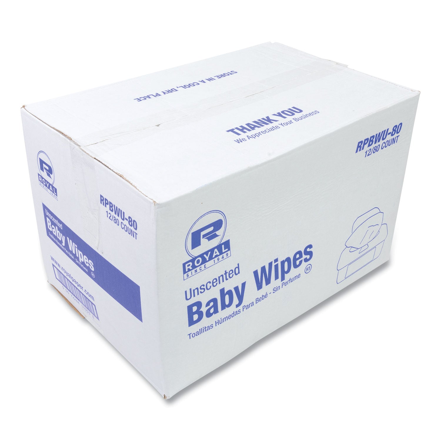 Baby Wipes Tub, Unscented, White, 80/Tub, 12 Tubs/Carton