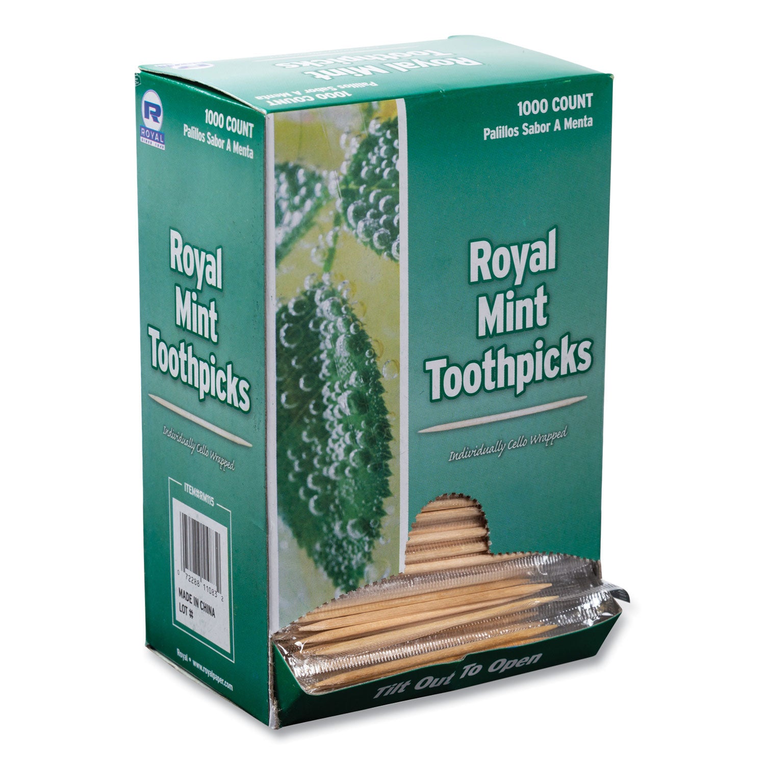 AmerCareRoyal® Mint Cello-Wrapped Wood Toothpicks, 2.5", Natural, 1,000/Box, 15 Boxes/Carton