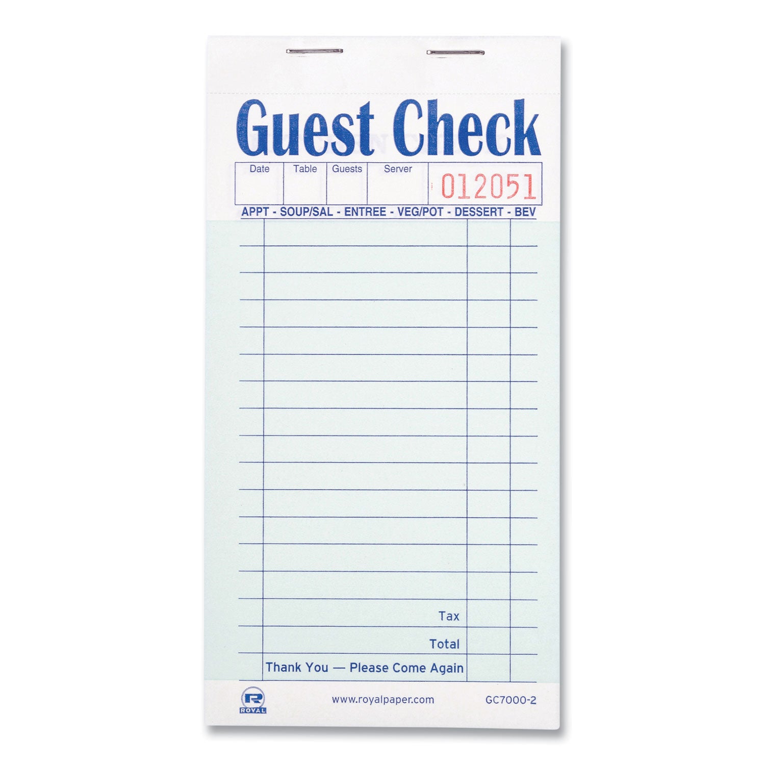 AmerCareRoyal® Guest Check Pad, 17 Lines, Two-Part Carbonless, 3.6 x 6.7, 50 Forms/Pad, 50 Pads/Carton