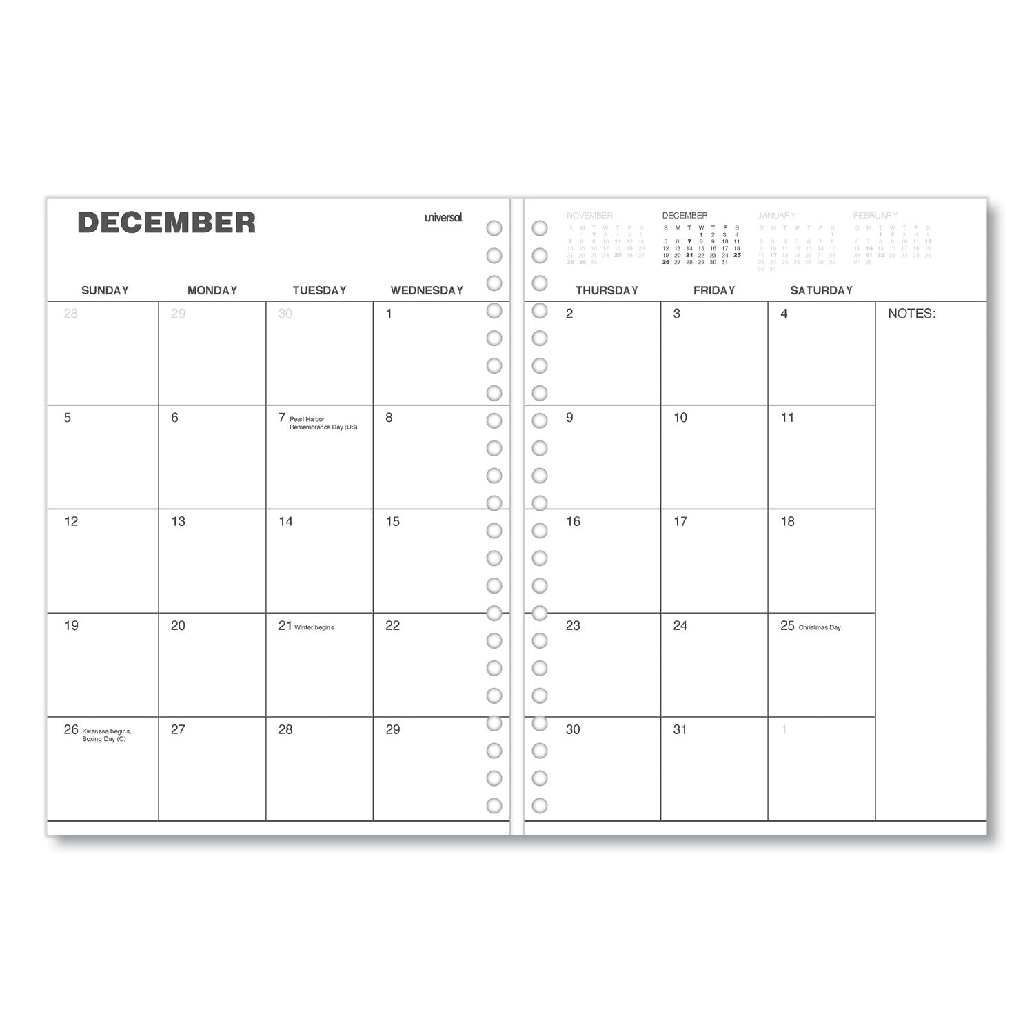 Universal® Monthly Planner, 11 x 8, Black Cover, 14-Month: Dec 2024 to Jan 2026