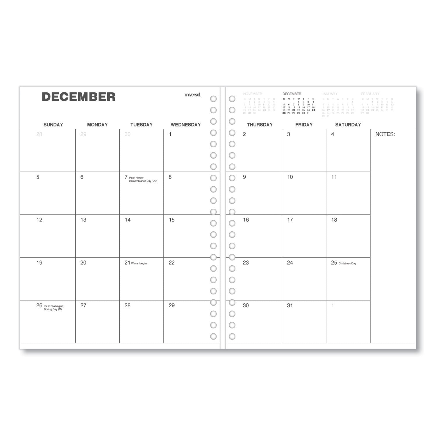 Universal® Weekly Planner, 11 x 8, Black Cover, 14-Month: Dec 2024 to Jan 2026